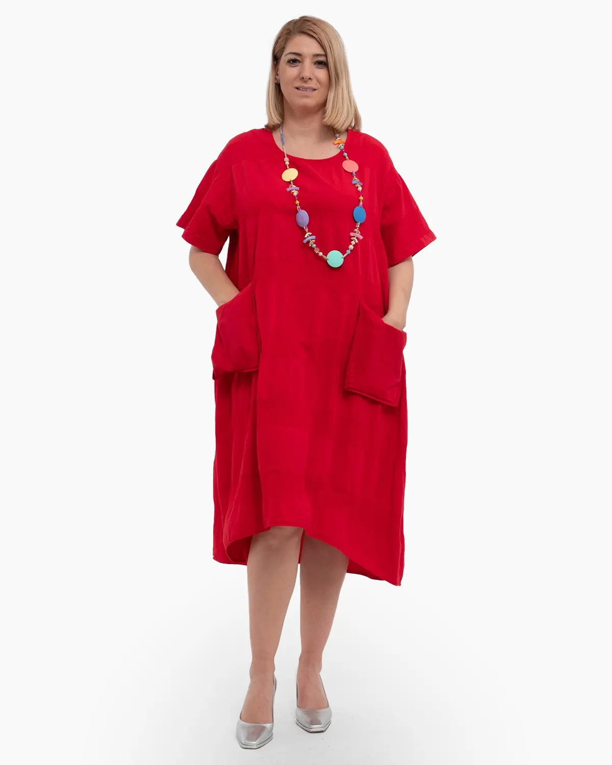 Rochii din In - Rochie midi asimetrică roșie din bumbac cu dungi și buzunare frontale