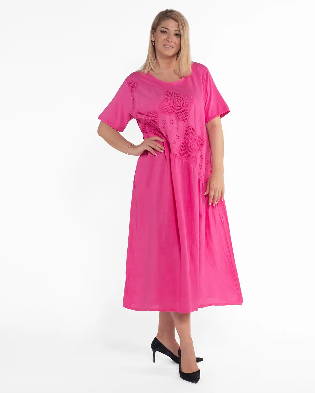 Rochii din In - Rochie midi fucsia din in cu detalii florale din macrame
