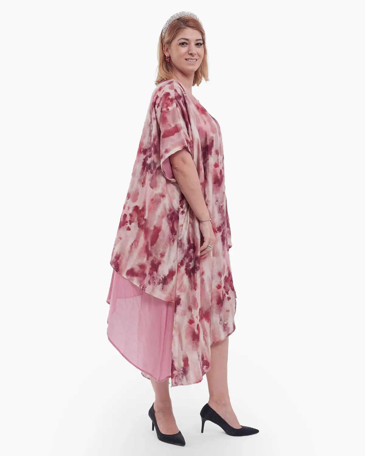 Rochie midi boho cu imprimeu abstract și design asimetric fluid, roz [1]
