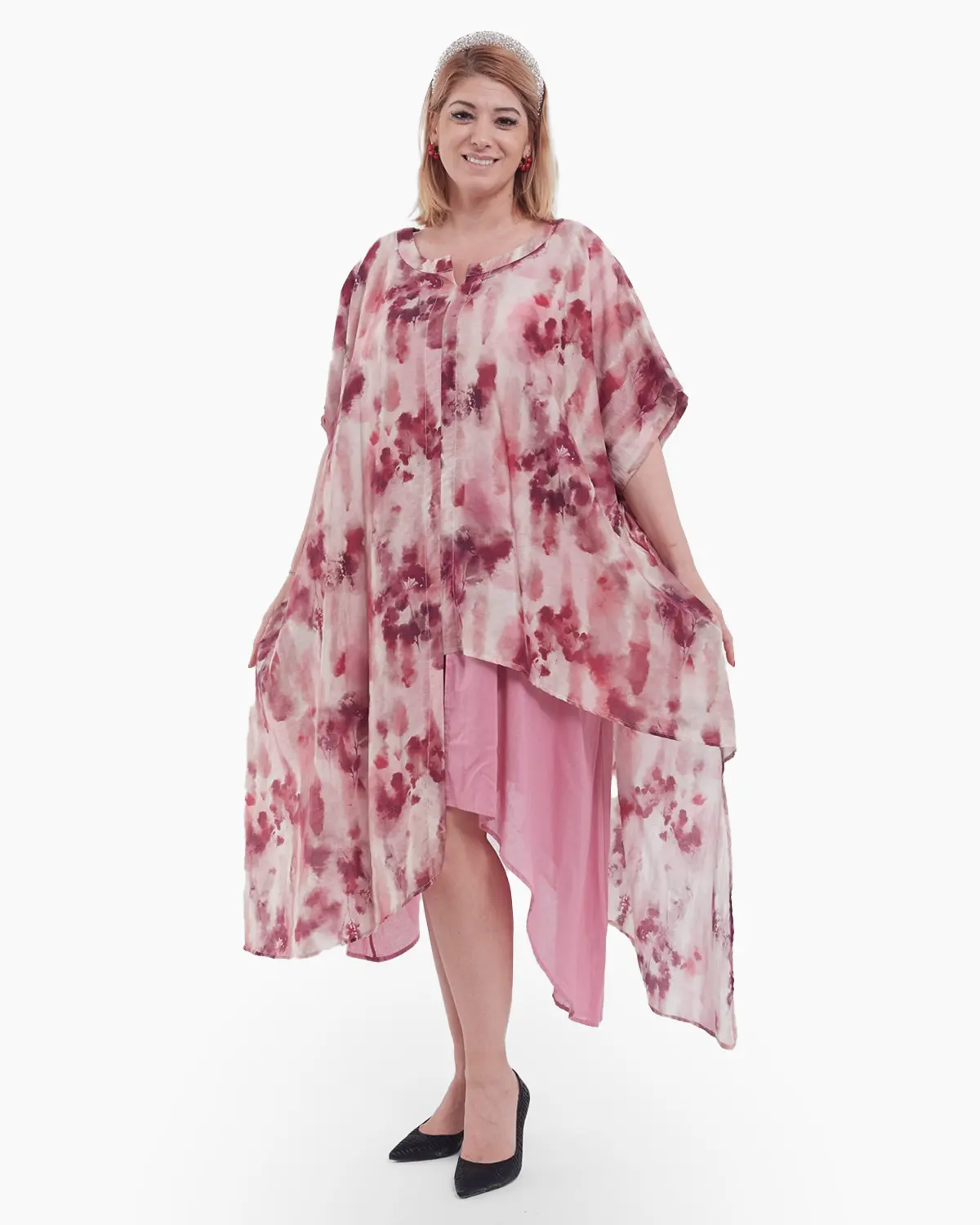 Rochii - Rochie midi boho cu imprimeu abstract și design asimetric fluid, roz