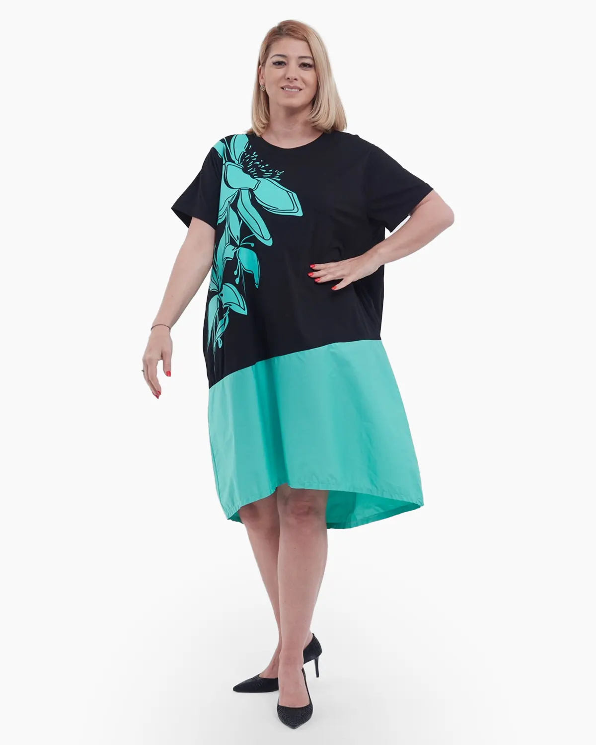 Rochie midi de vara casual chic asimetrica lejera din bumbac cu imprimeu floral artistic pe umar si buzunare discrete negru turcoaz [2]