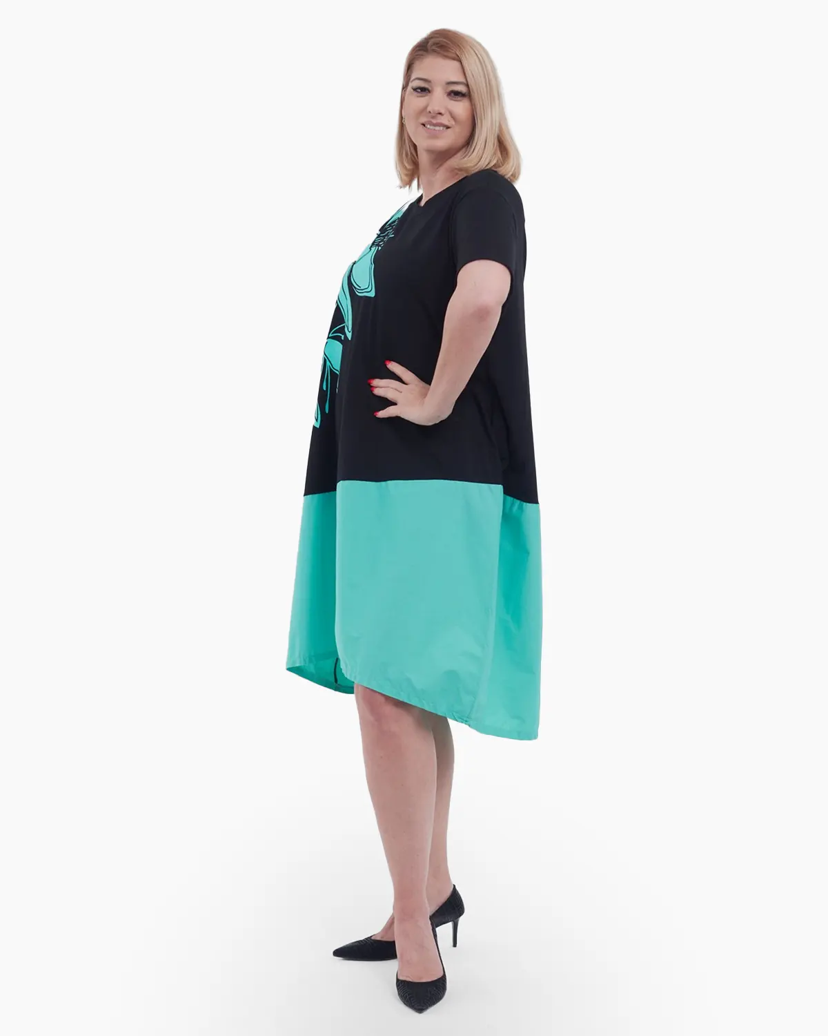 Rochie midi de vara casual chic asimetrica lejera din bumbac cu imprimeu floral artistic pe umar si buzunare discrete negru turcoaz [3]