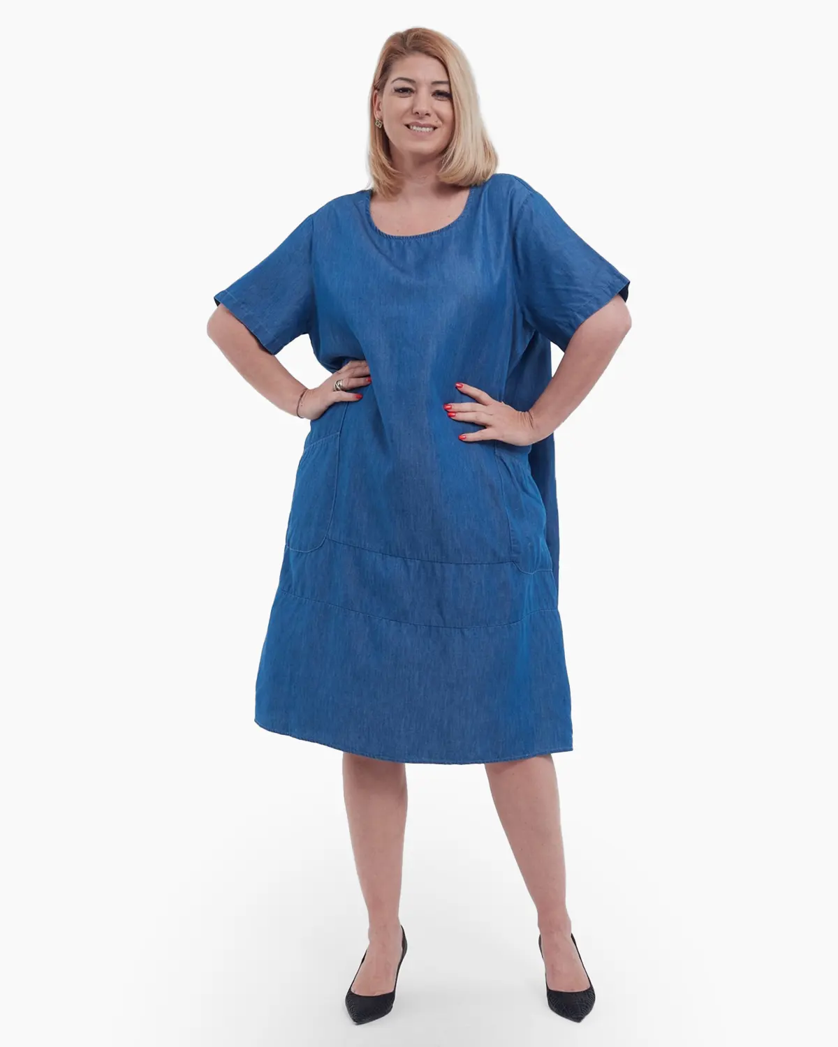 Rochii - Rochie midi de vara casual croi A lejer din bumbac si lyocel cu buzunare frontale aplicate talie unica ideala pentru confort zilnic albastru