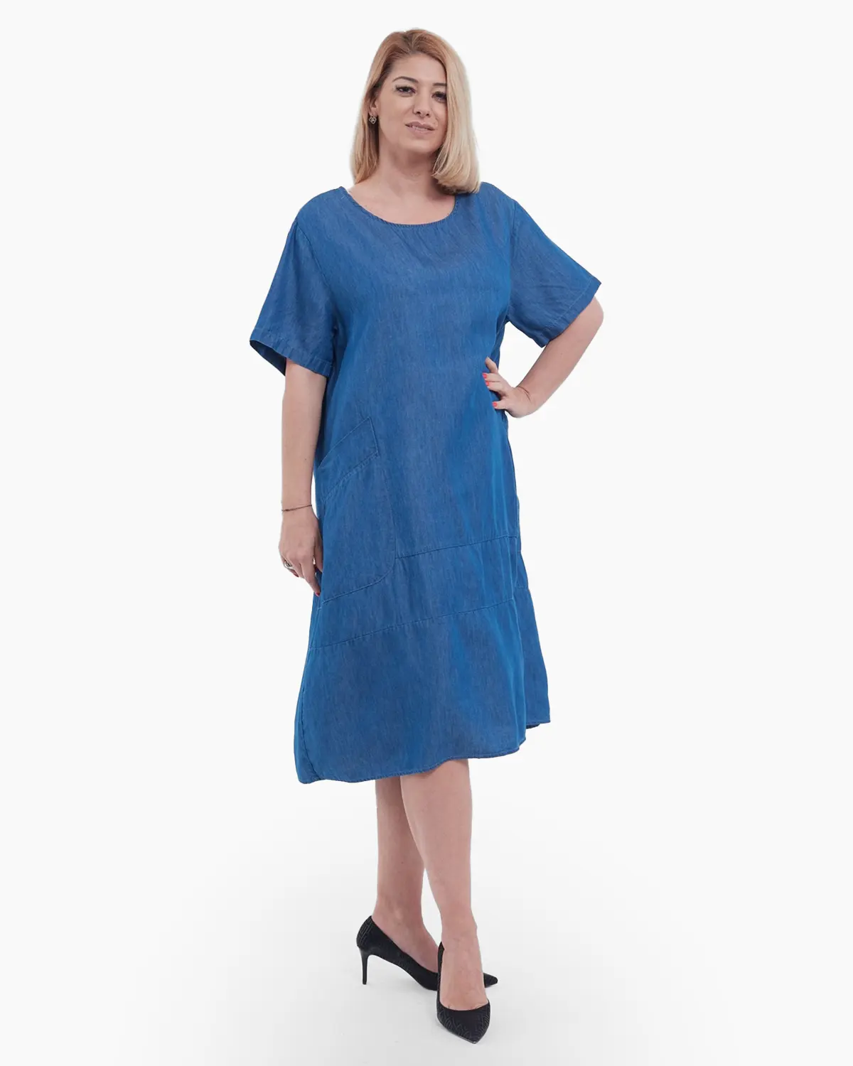 Rochie midi de vara casual croi A lejer din bumbac si lyocel cu buzunare frontale aplicate talie unica ideala pentru confort zilnic albastru [2]