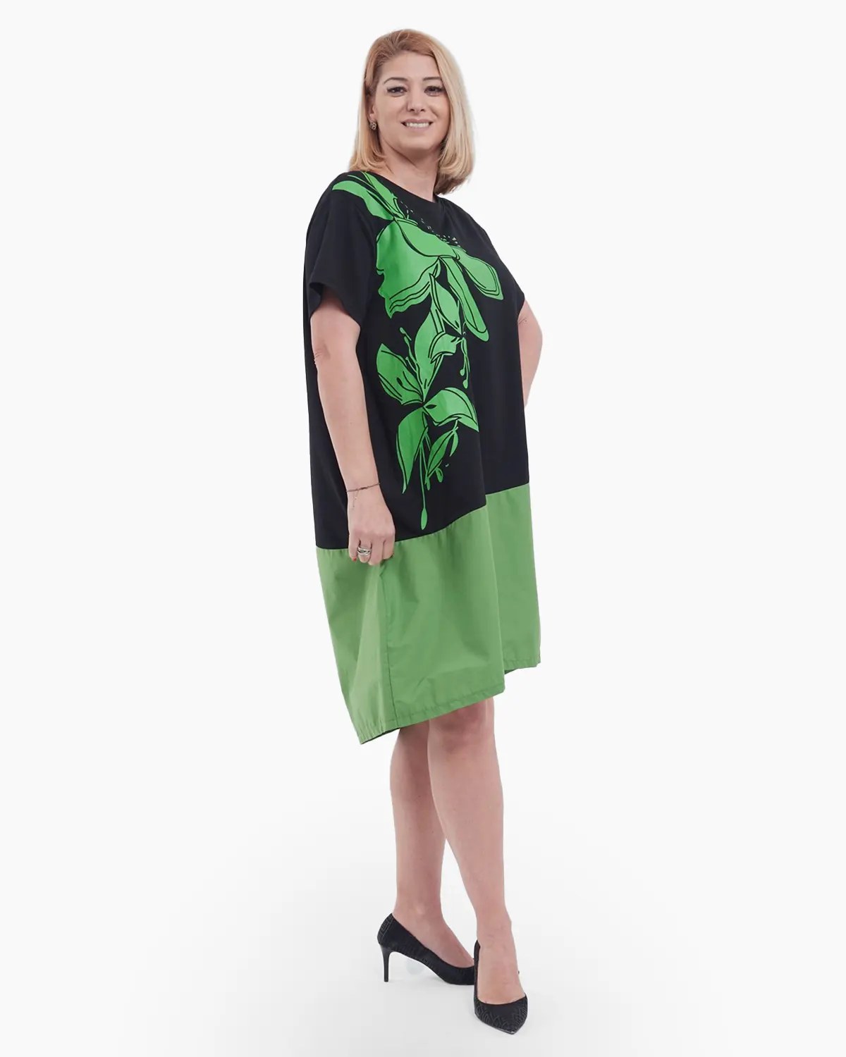 Rochie midi de vara casual cu imprimeu floral deosebit, croiala asimetrica lejera si buzunare practice, din bumbac confortabil, negru si verde [2]