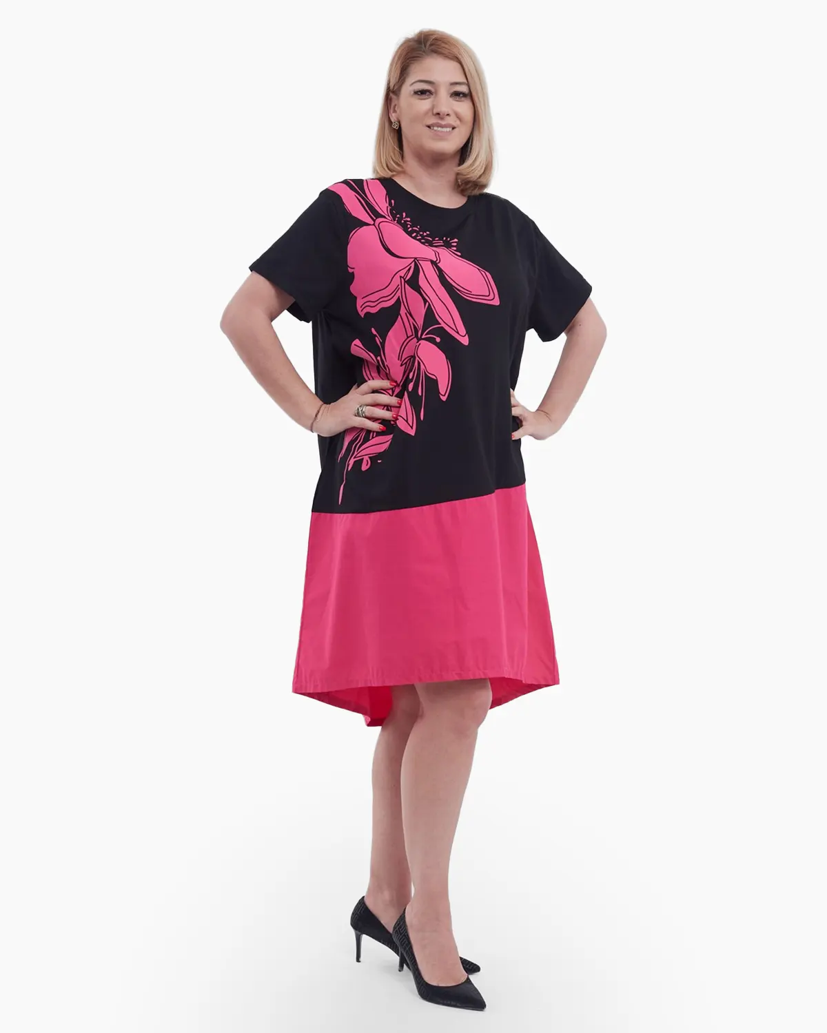 Haine damă - Rochie midi de vara din bumbac lejera cu imprimeu floral pe umar design asimetric si buzunare practice negru ciclam