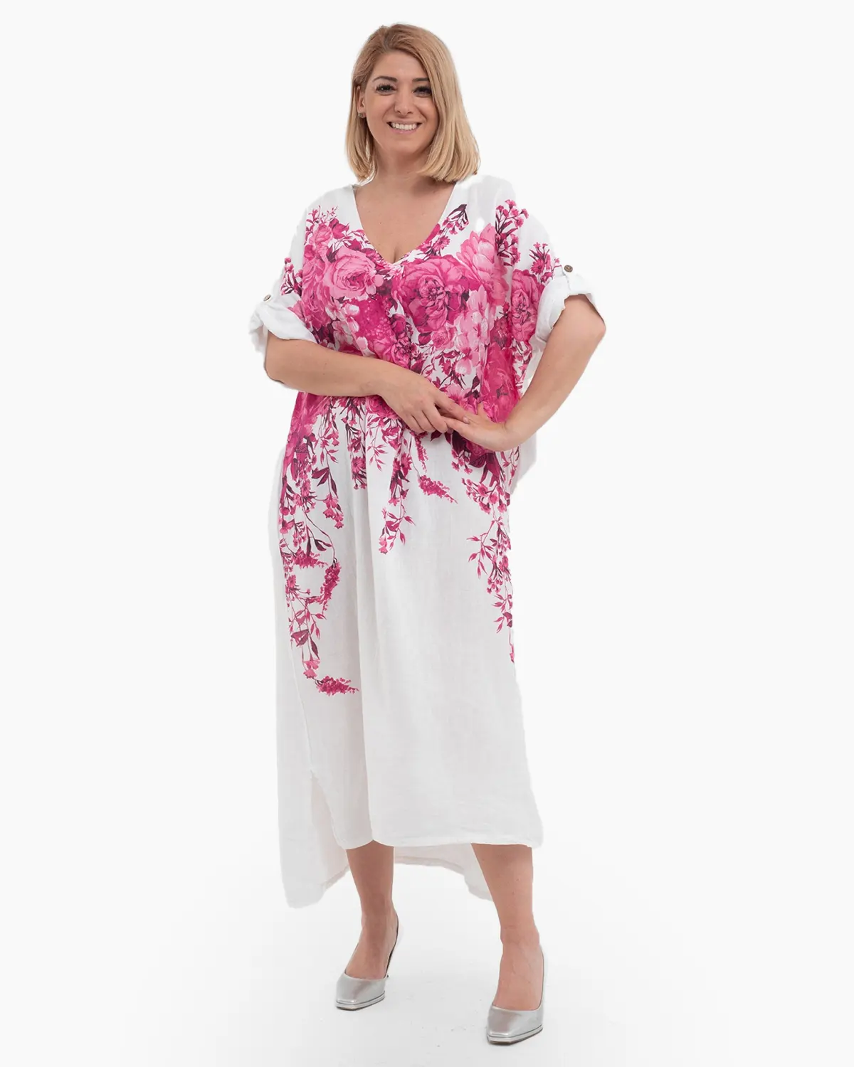 Mărimi mari - Rochie midi din in albă cu imprimeu floral și croială asimetrică