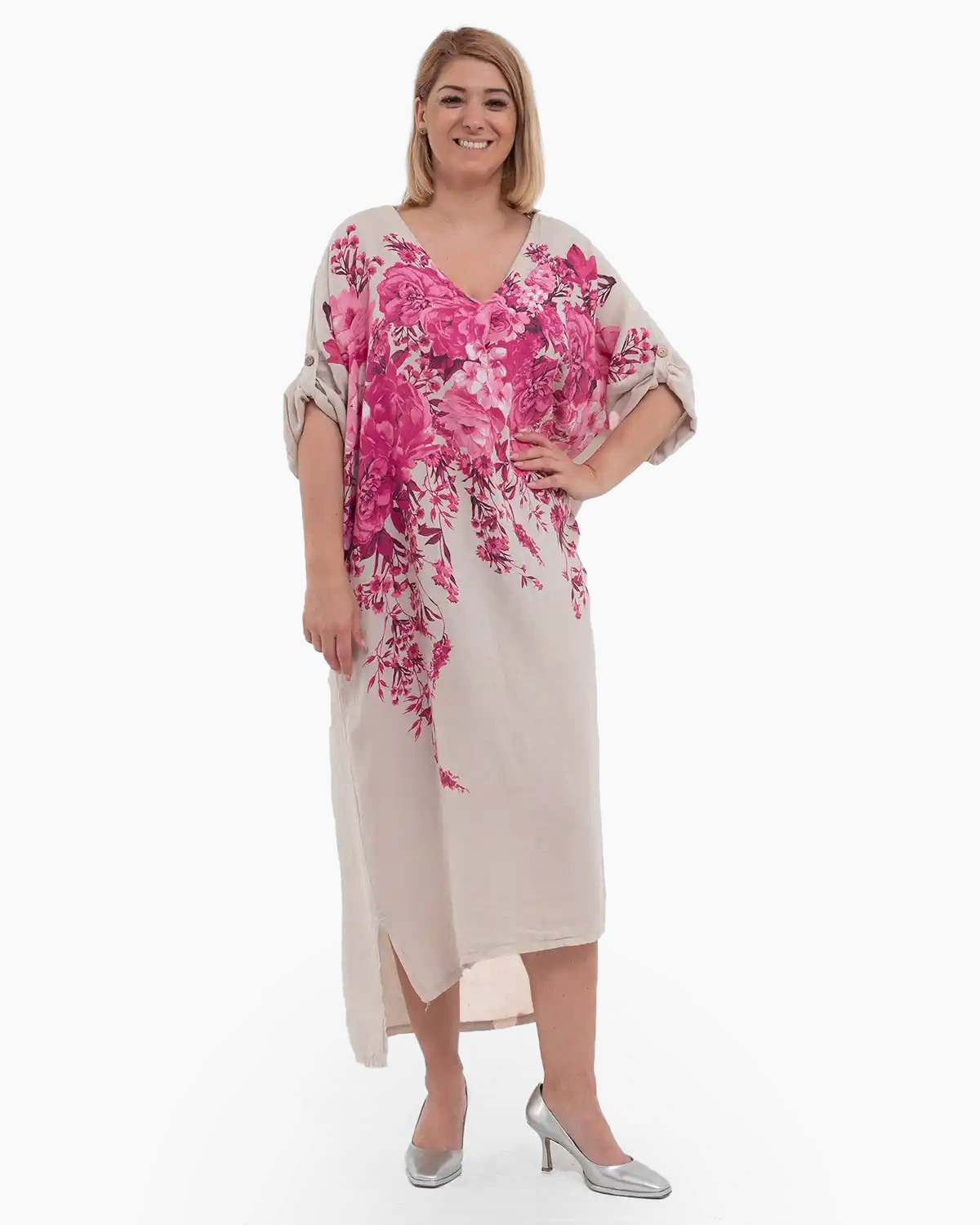 Mărimi mari - Rochie midi din in bej cu imprimeu floral și croială asimetrică