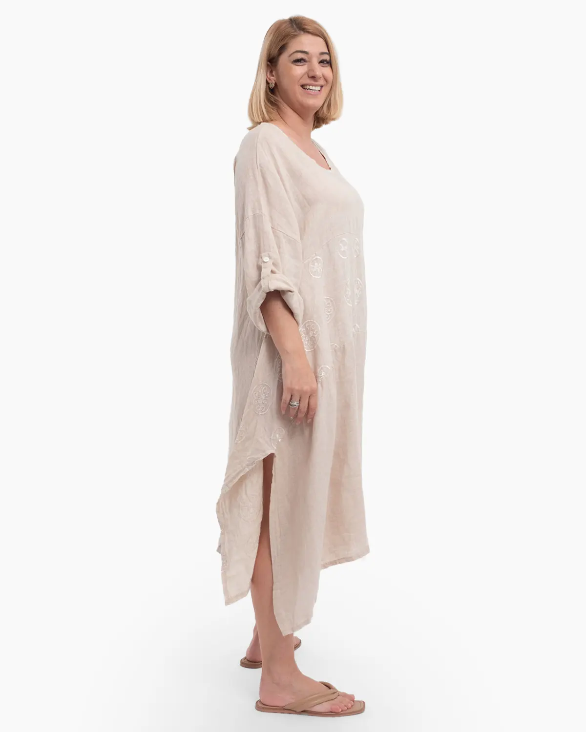 Rochie midi din in cu broderie, despicată în laterale și croială kimono [2]