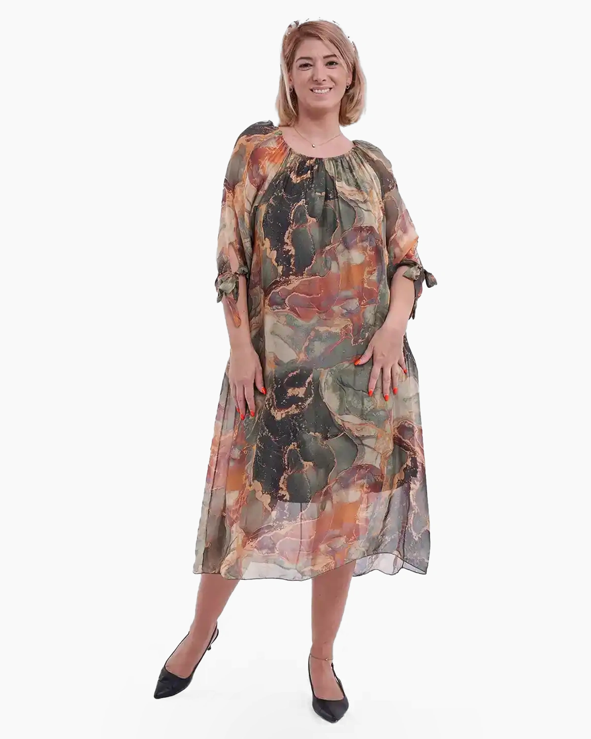Rochii din Mătase - Rochie midi din matase și vâscoză cu imprimeu colorat cu stil kaki cu rosu