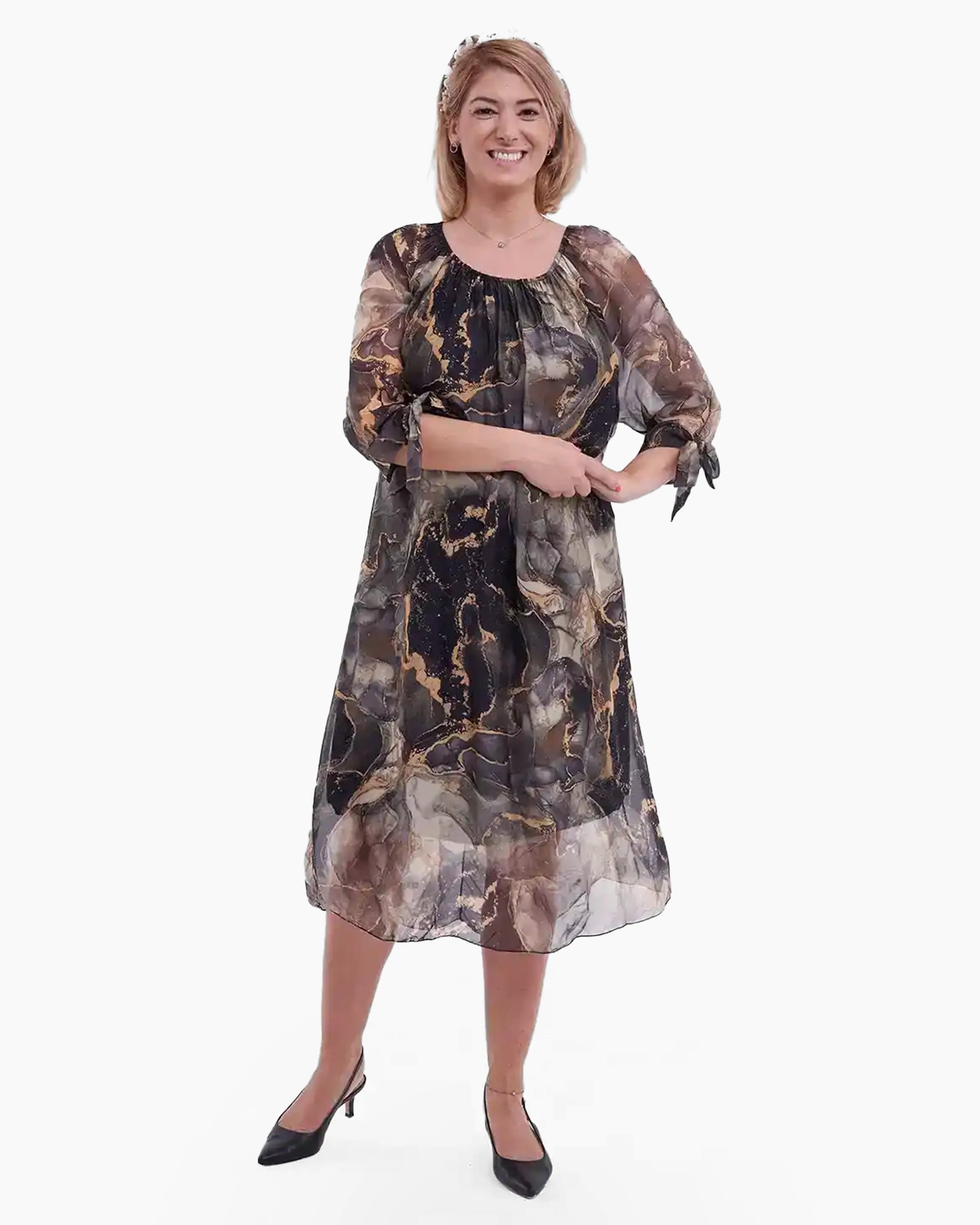 Rochii din Mătase - Rochie midi din matase și vâscoză cu imprimeu colorat cu stil negru cu bej