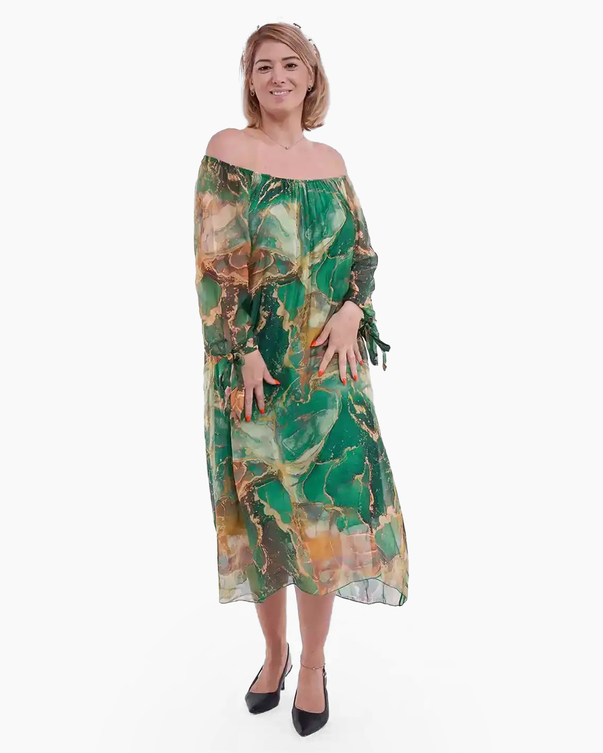 Rochii din Mătase - Rochie midi din matase și vâscoză cu imprimeu colorat cu stil verde cu orange