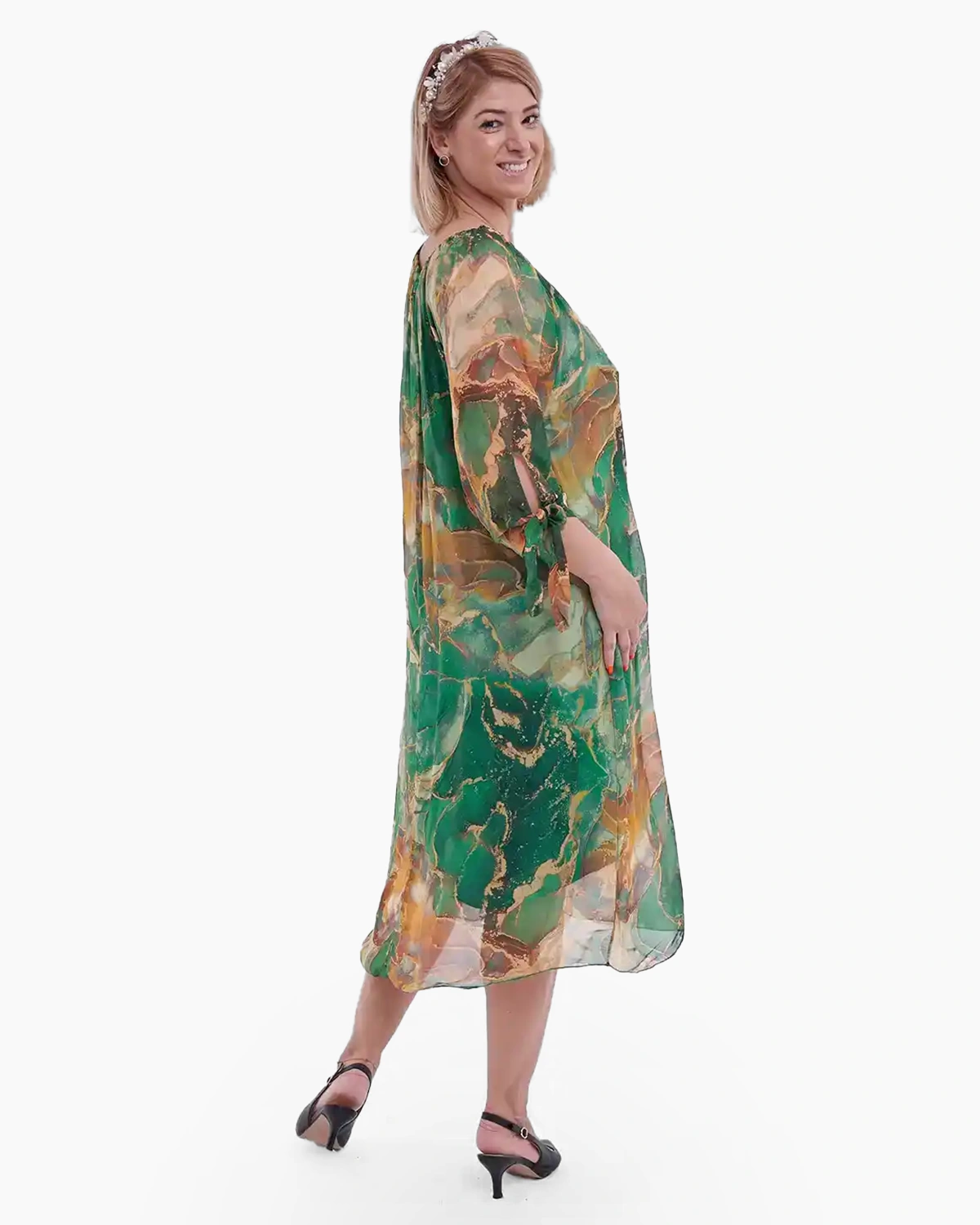 Rochie midi din matase și vâscoză cu imprimeu colorat cu stil verde cu orange [1]