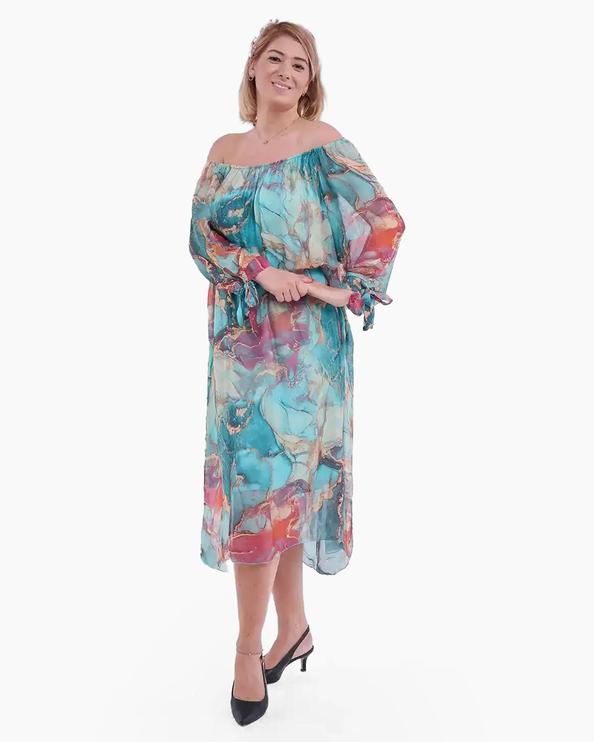 Rochii din Mătase - Rochie midi din matase și vâscoză cu imprimeu colorat turcoaz