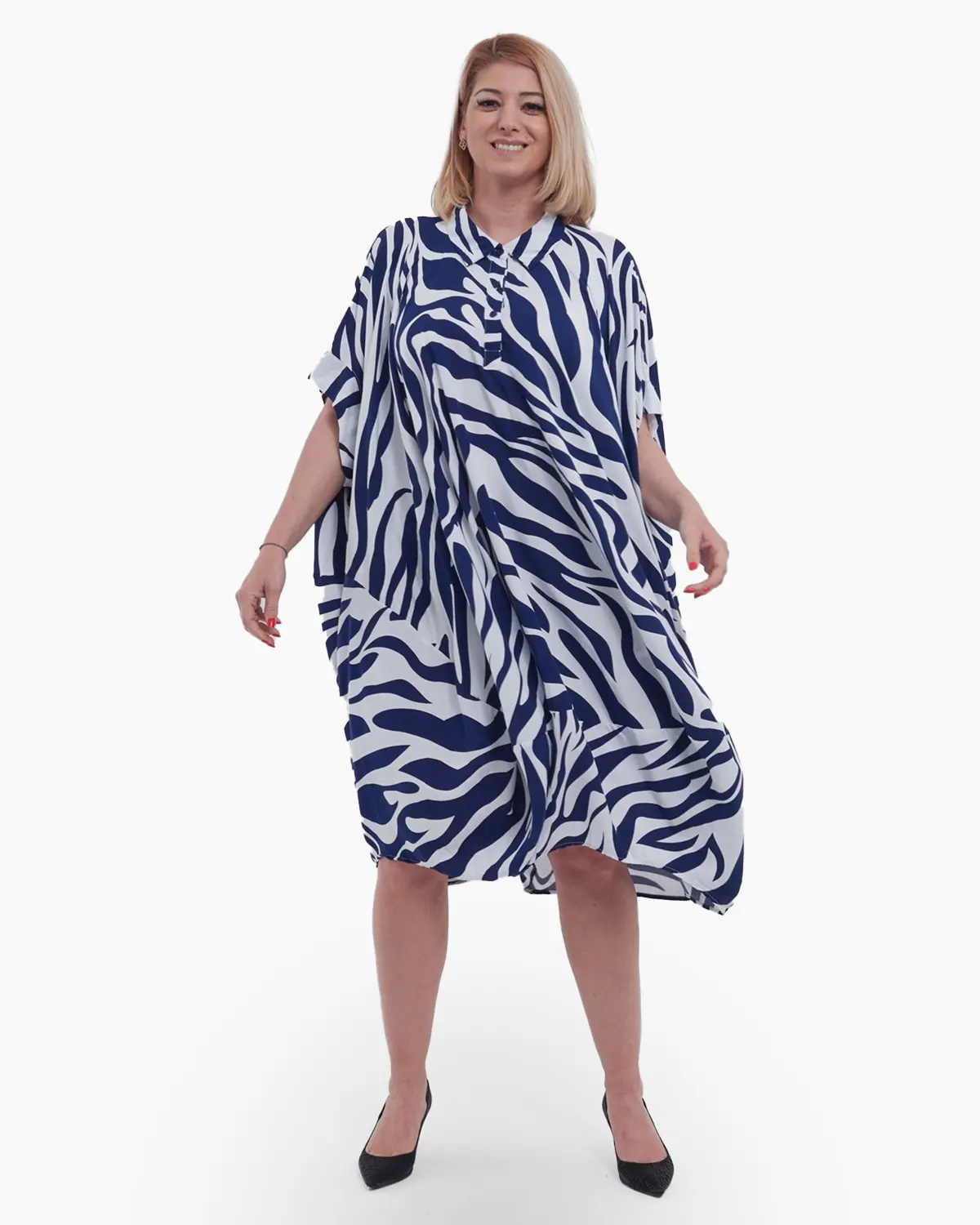 Rochii - Rochie midi elegant-casual din viscoza fluida cu imprimeu tigrat distinctiv guler camasa si nasturi frontali bleumarin