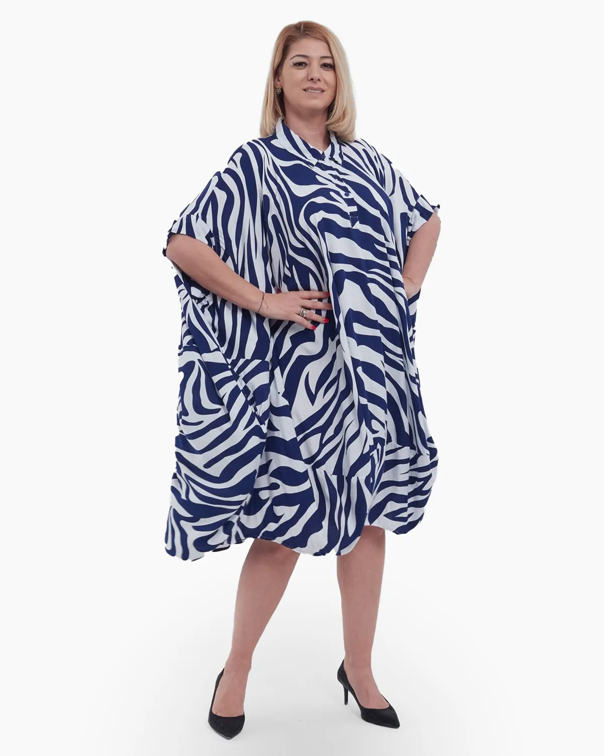 Rochie midi elegant-casual din viscoza fluida cu imprimeu tigrat distinctiv guler camasa si nasturi frontali bleumarin [2]