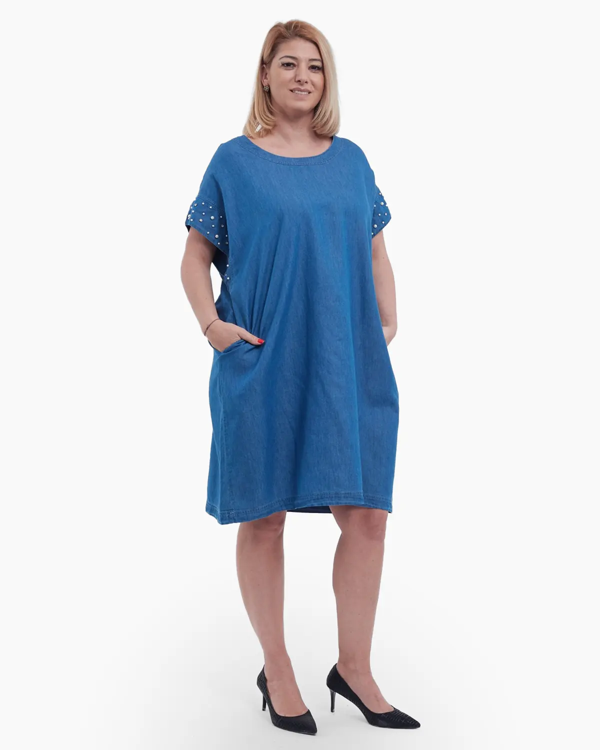 Rochii - Rochie midi eleganta stil denim cu maneci scurte cazute si margini finisate cu perle si paiete croi A lejer albastru
