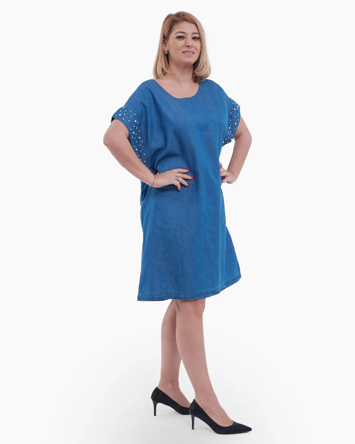 Rochie midi eleganta stil denim cu maneci scurte cazute si margini finisate cu perle si paiete croi A lejer albastru [1]