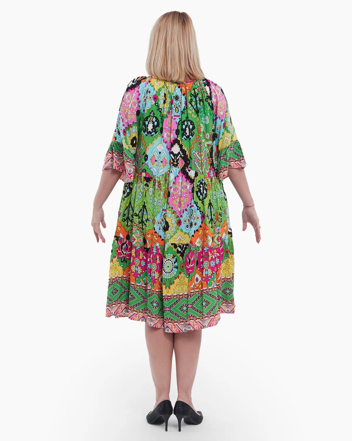 Rochie midi eleganta talie unica din viscoza fluida cu imprimeu abstract volane chic la maneci si buzunare vernil [1]
