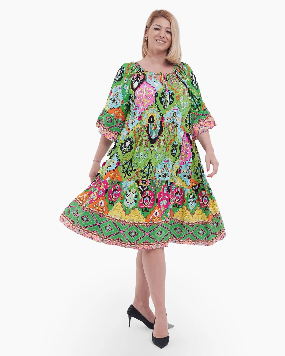 Rochie midi eleganta talie unica din viscoza fluida cu imprimeu abstract volane chic la maneci si buzunare vernil [2]