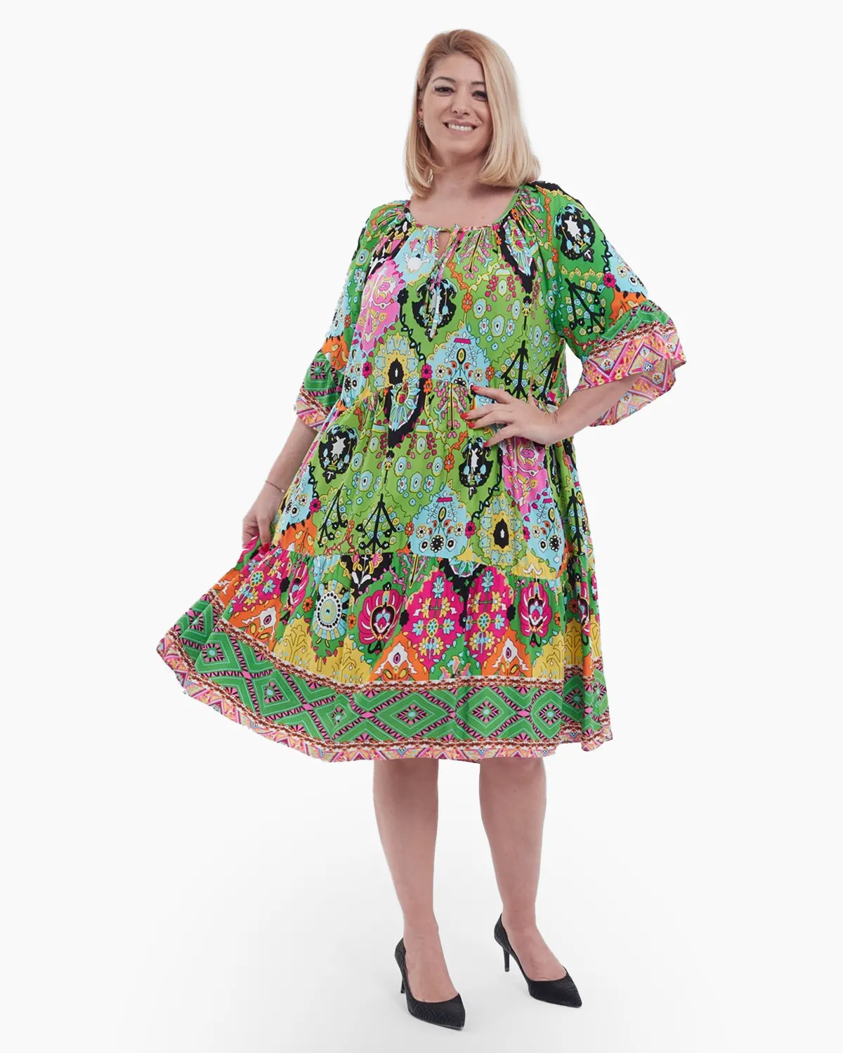 Rochie midi eleganta talie unica din viscoza fluida cu imprimeu abstract volane chic la maneci si buzunare vernil [3]