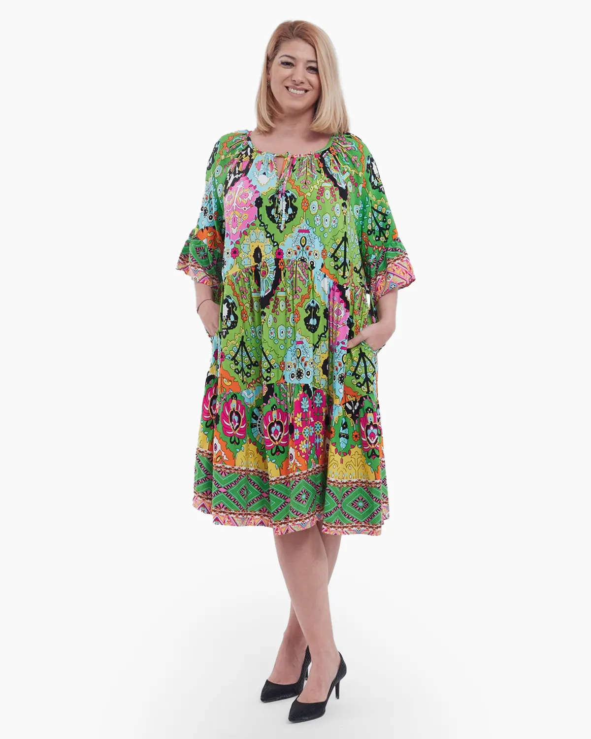 Rochii - Rochie midi eleganta talie unica din viscoza fluida cu imprimeu abstract volane chic la maneci si buzunare vernil