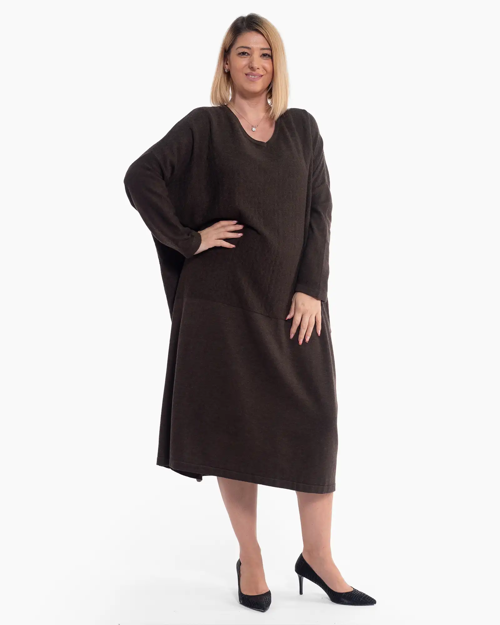 Rochie midi fluidă maro din tricot fin de lână cu eșarfă inclusă [3]