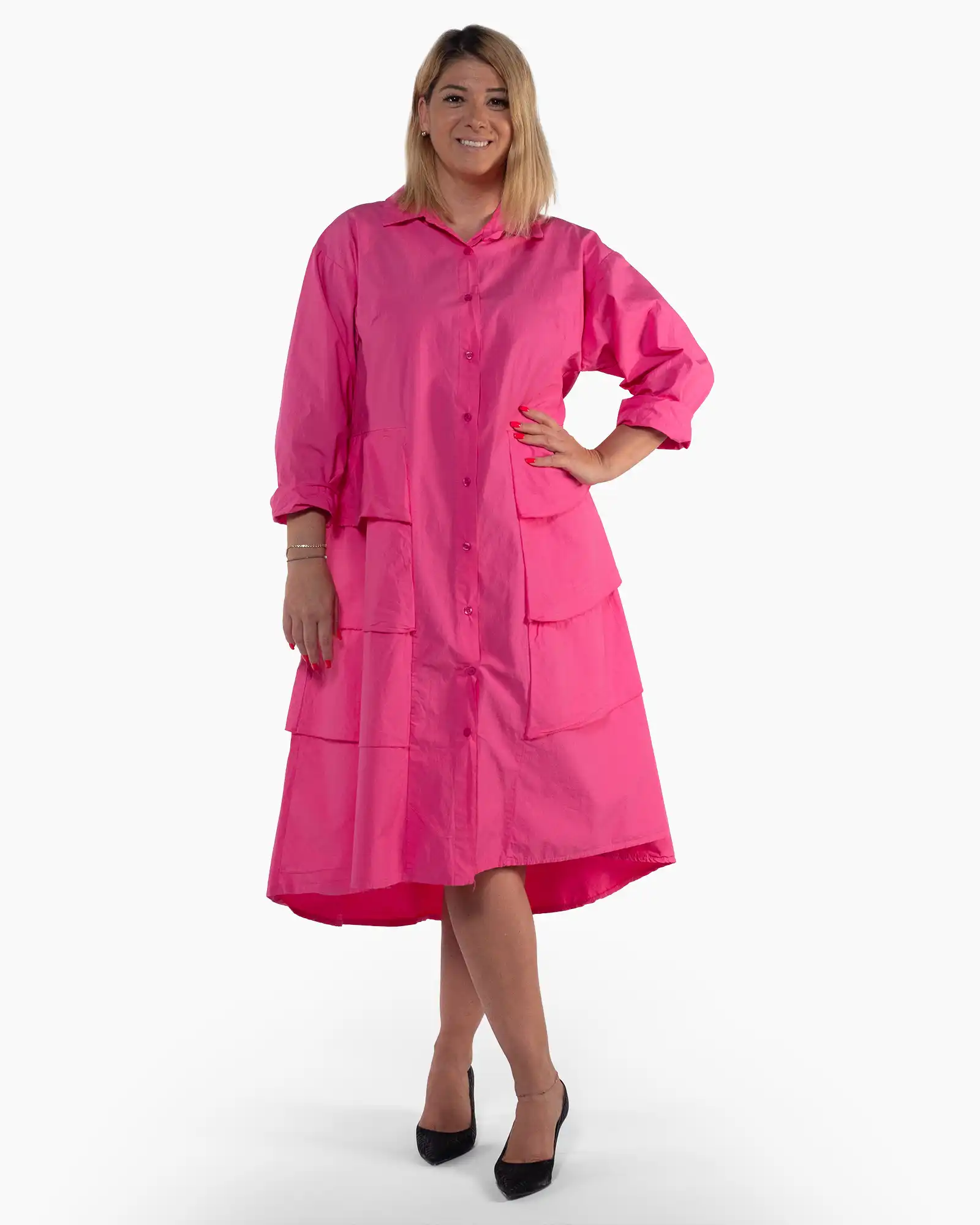 Rochii - Rochie midi fucsia cu volane în cascadă și croială lejeră
