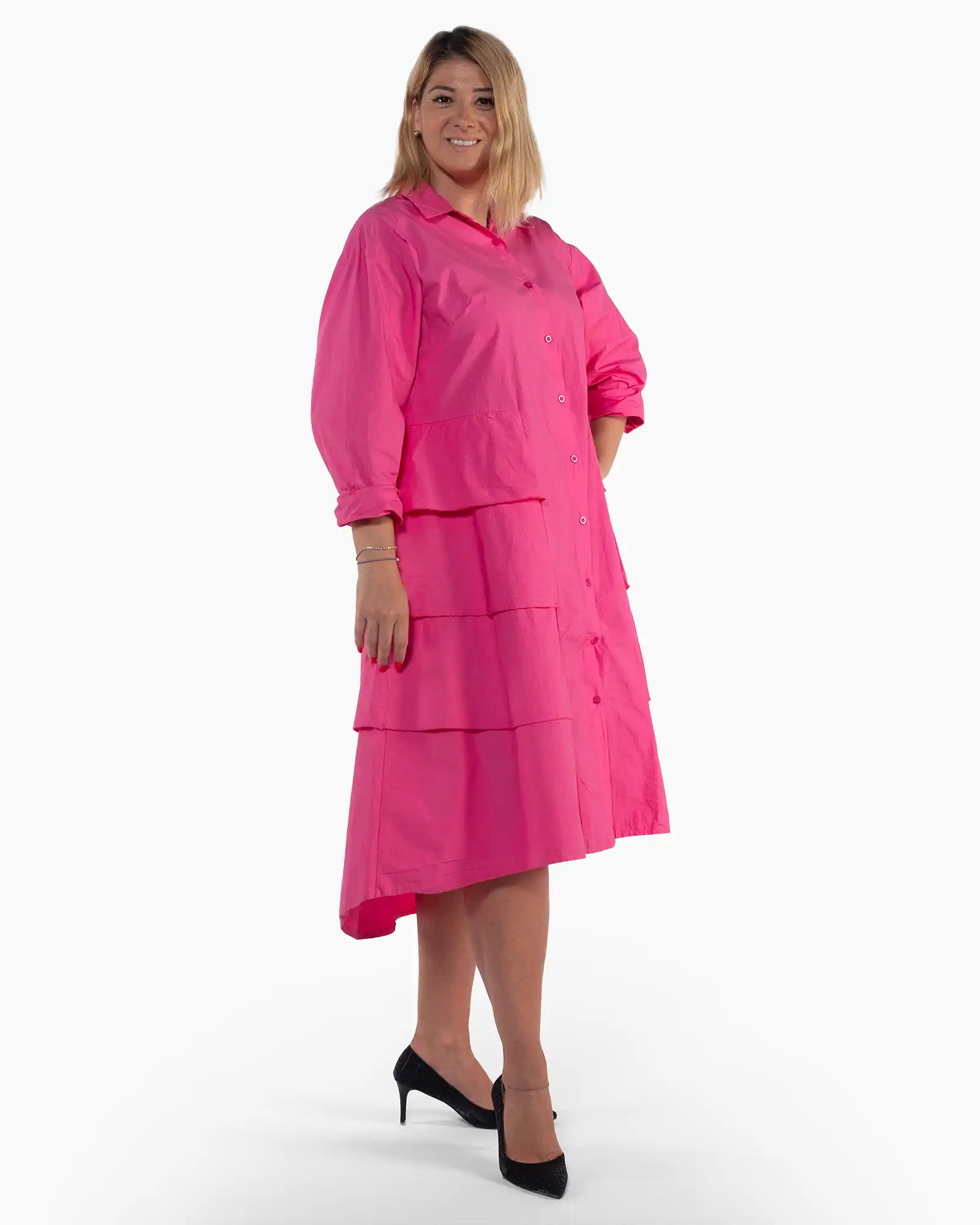 Rochie midi fucsia cu volane în cascadă și croială lejeră [2]