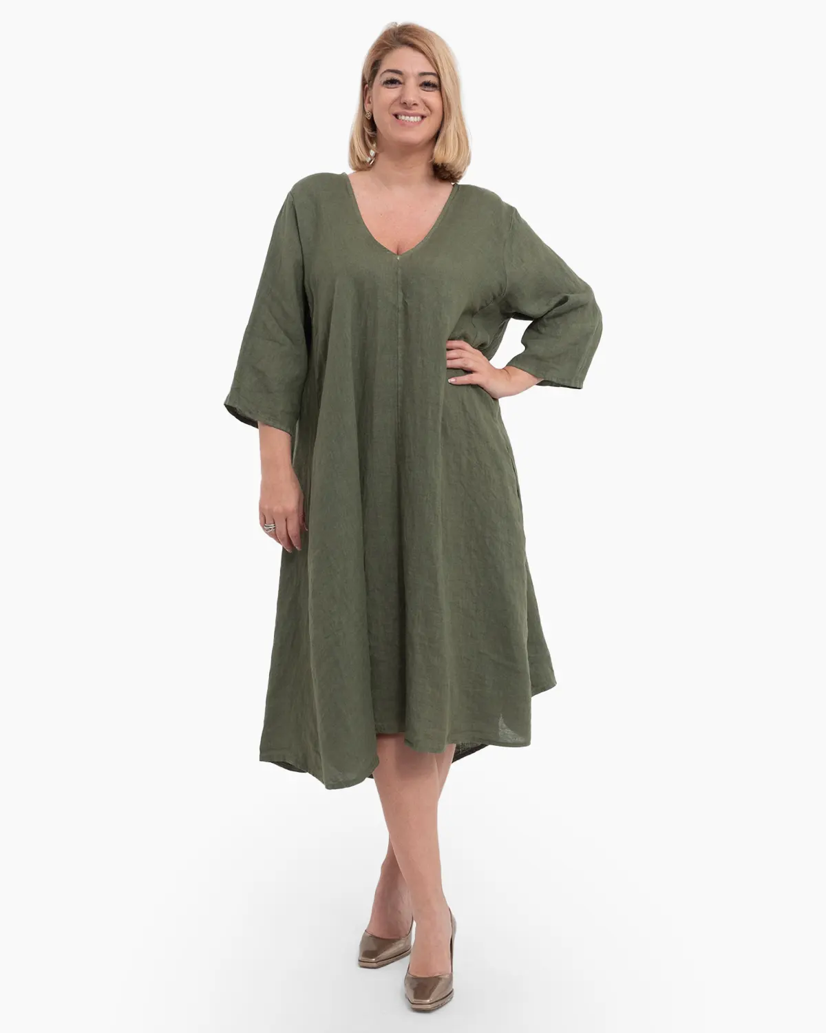 Rochii din In - Rochie midi kaki din in cu decolteu în V