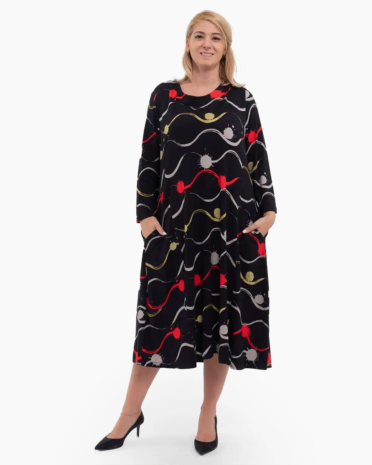 Rochii - Rochie midi neagră din viscoză cu pete de culoare