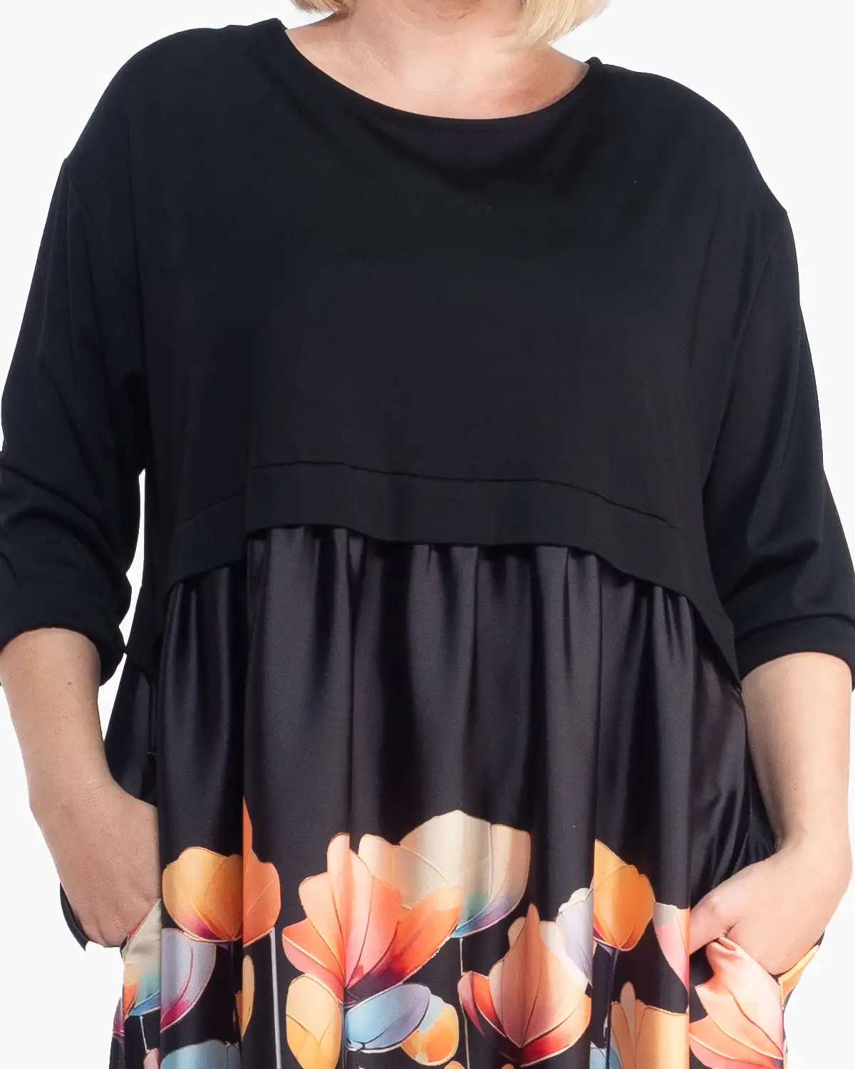Rochie midi neagră elegantă cu imprimeu floral și linie fluidă [3]