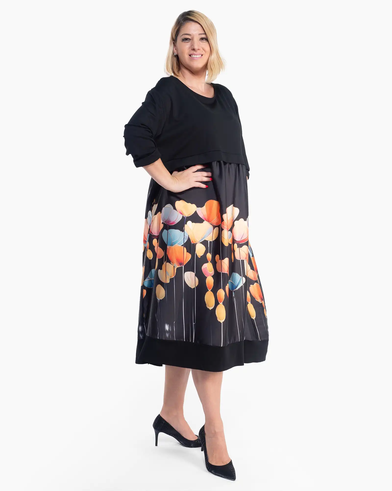 Rochie midi neagră elegantă cu imprimeu floral și linie fluidă [2]