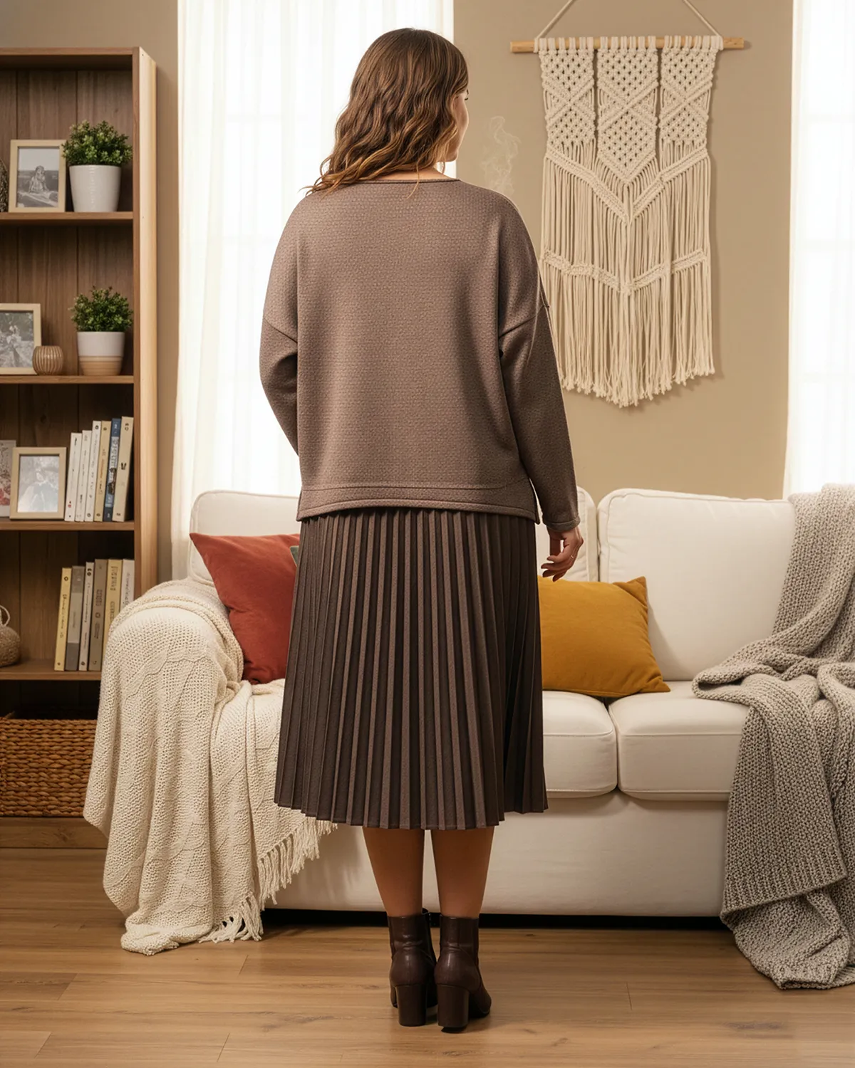 Rochie midi plisată cu tul și bluză tricotată stil puloveraș, bej [3]