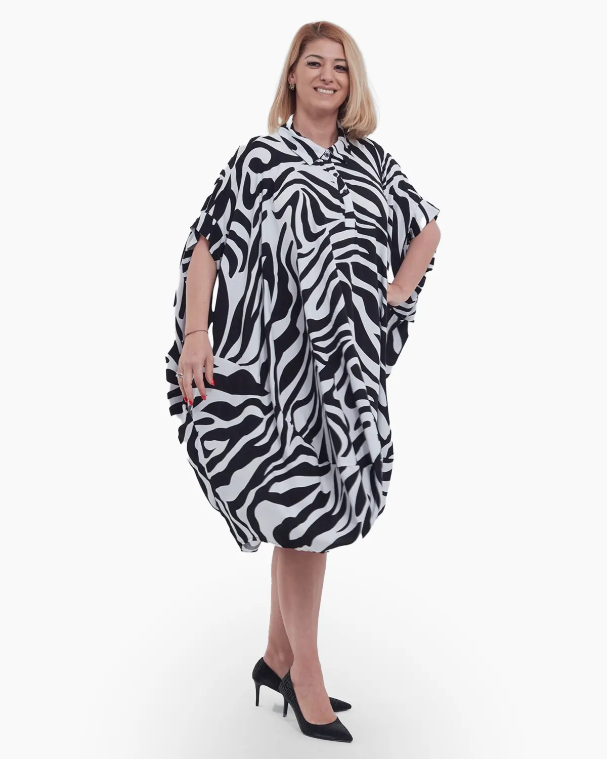 Rochie midi tip camasa din viscoza premium cu imprimeu tigrat, croiala lejera si maneci scurte, stil casual chic, bleumarin [2]