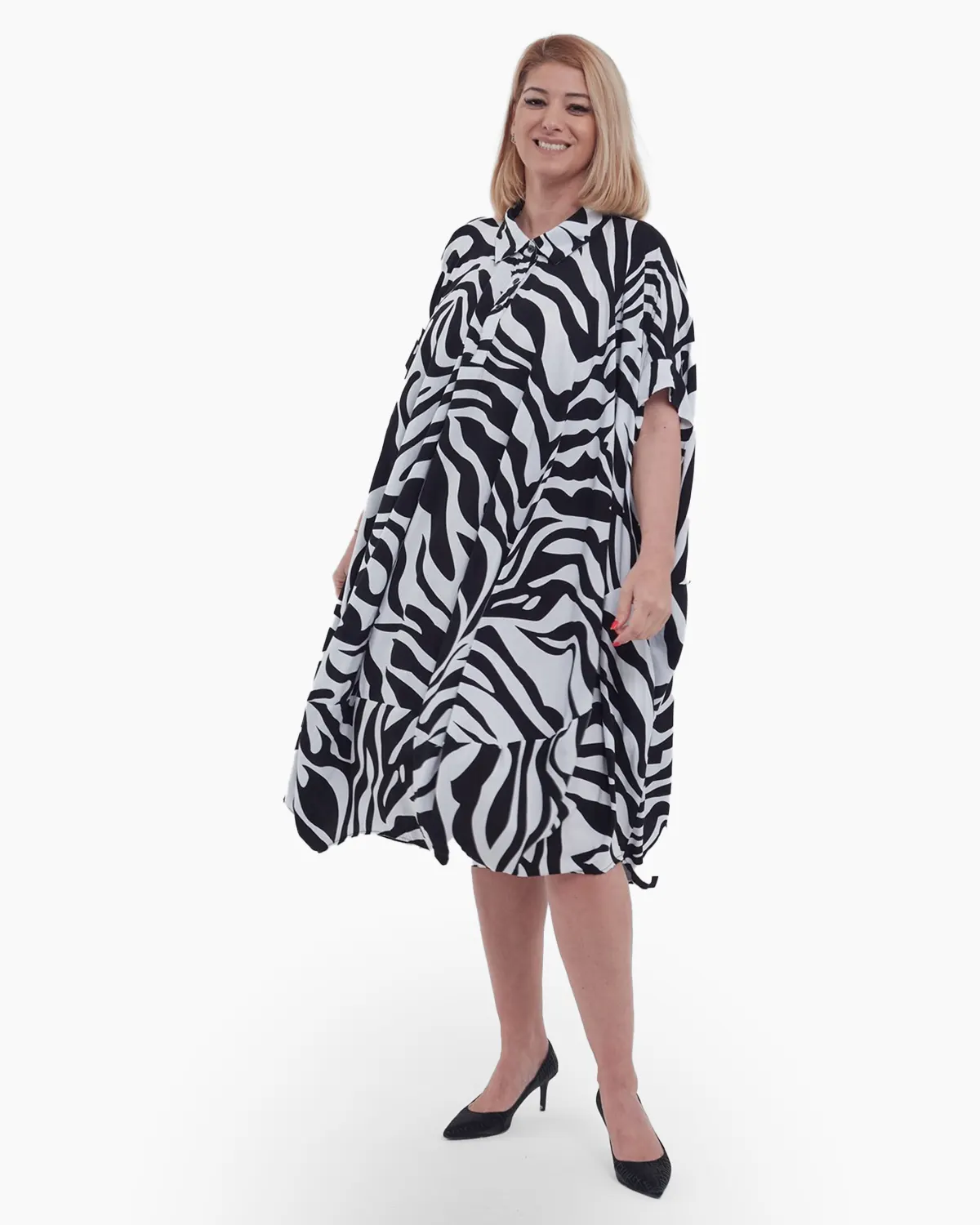 Rochii - Rochie midi tip camasa din viscoza premium cu imprimeu tigrat, croiala lejera si maneci scurte, stil casual chic, bleumarin
