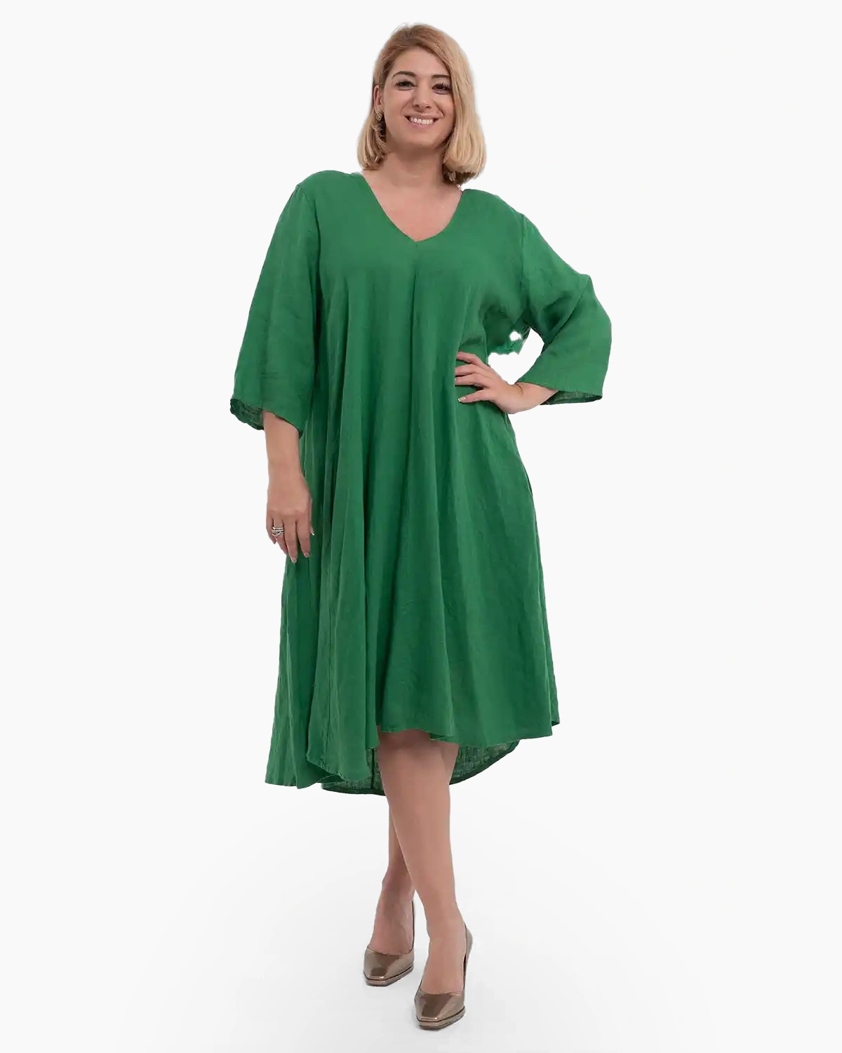 Rochii din In - Rochie midi verde din in cu decolteu în V