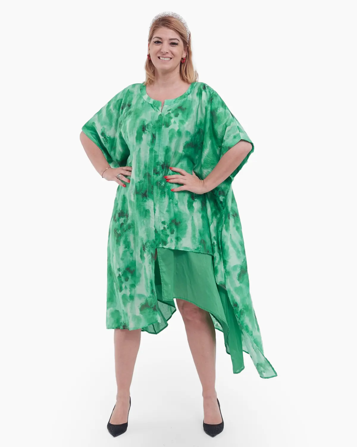 Rochii - Rochie midi verde elegantă din tencel cu croială asimetrică și umeri căzuți