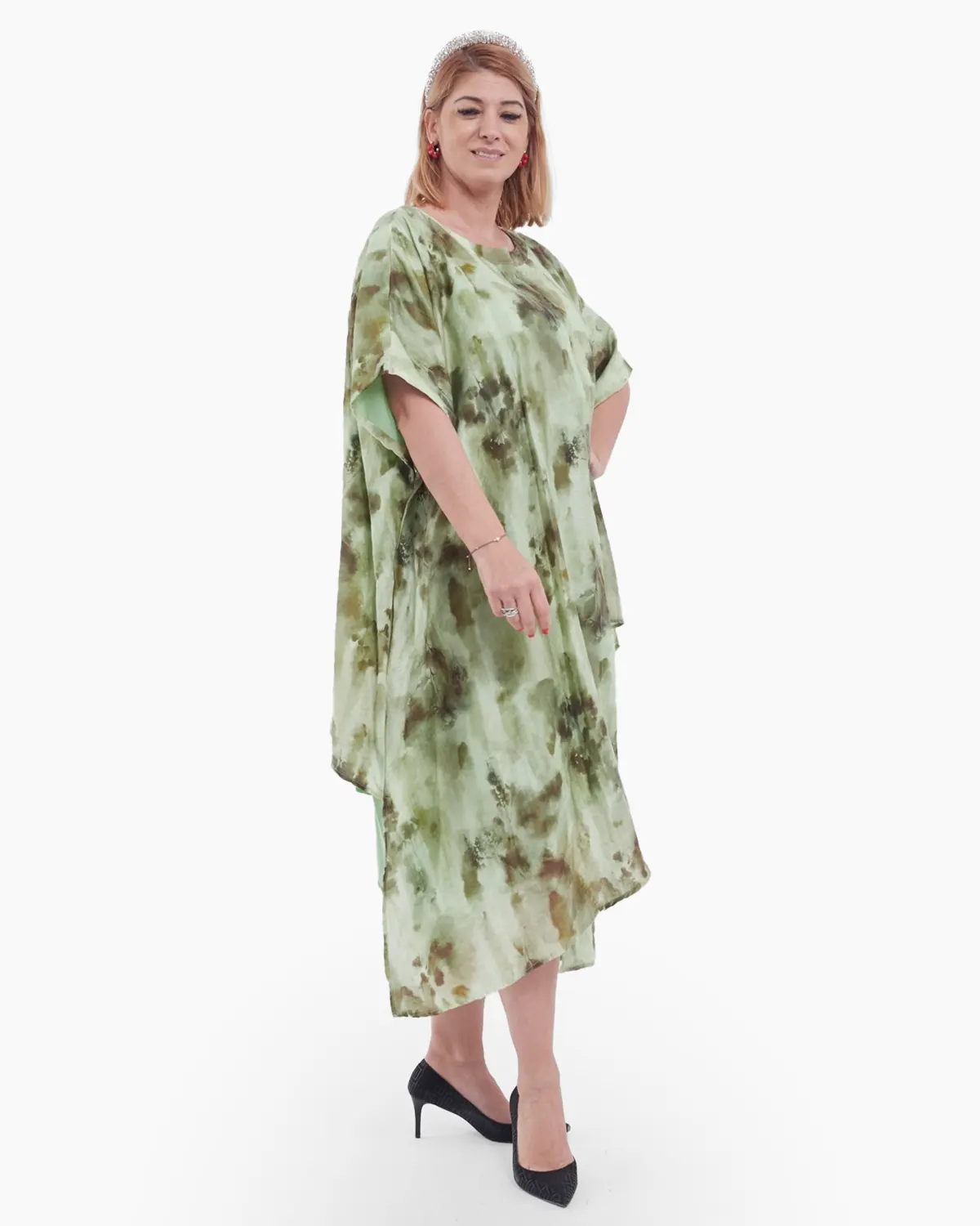 Rochie midi vernil din tencel cu imprimeu abstract și maneci trei sferturi [3]