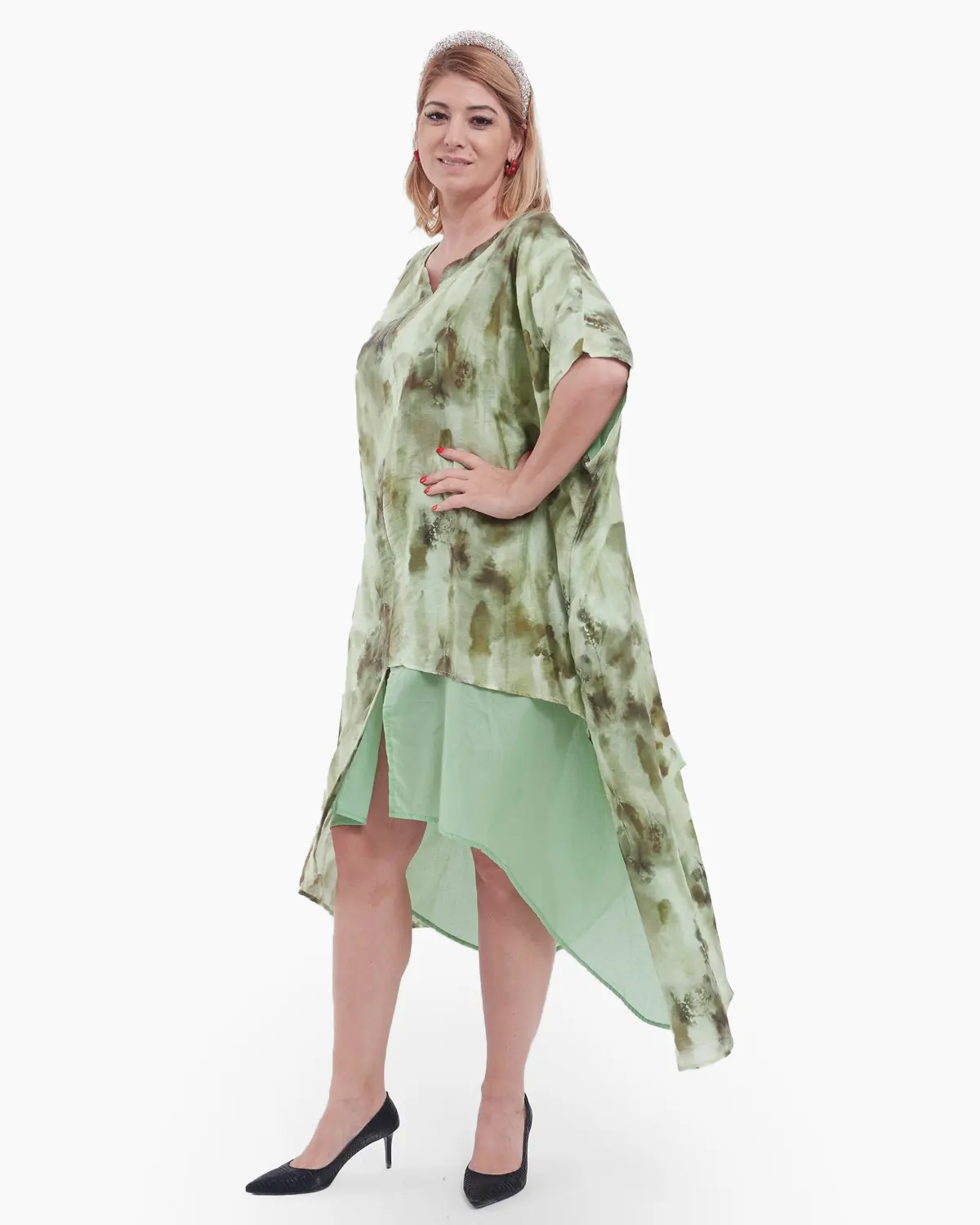 Rochie midi vernil din tencel cu imprimeu abstract și maneci trei sferturi [1]