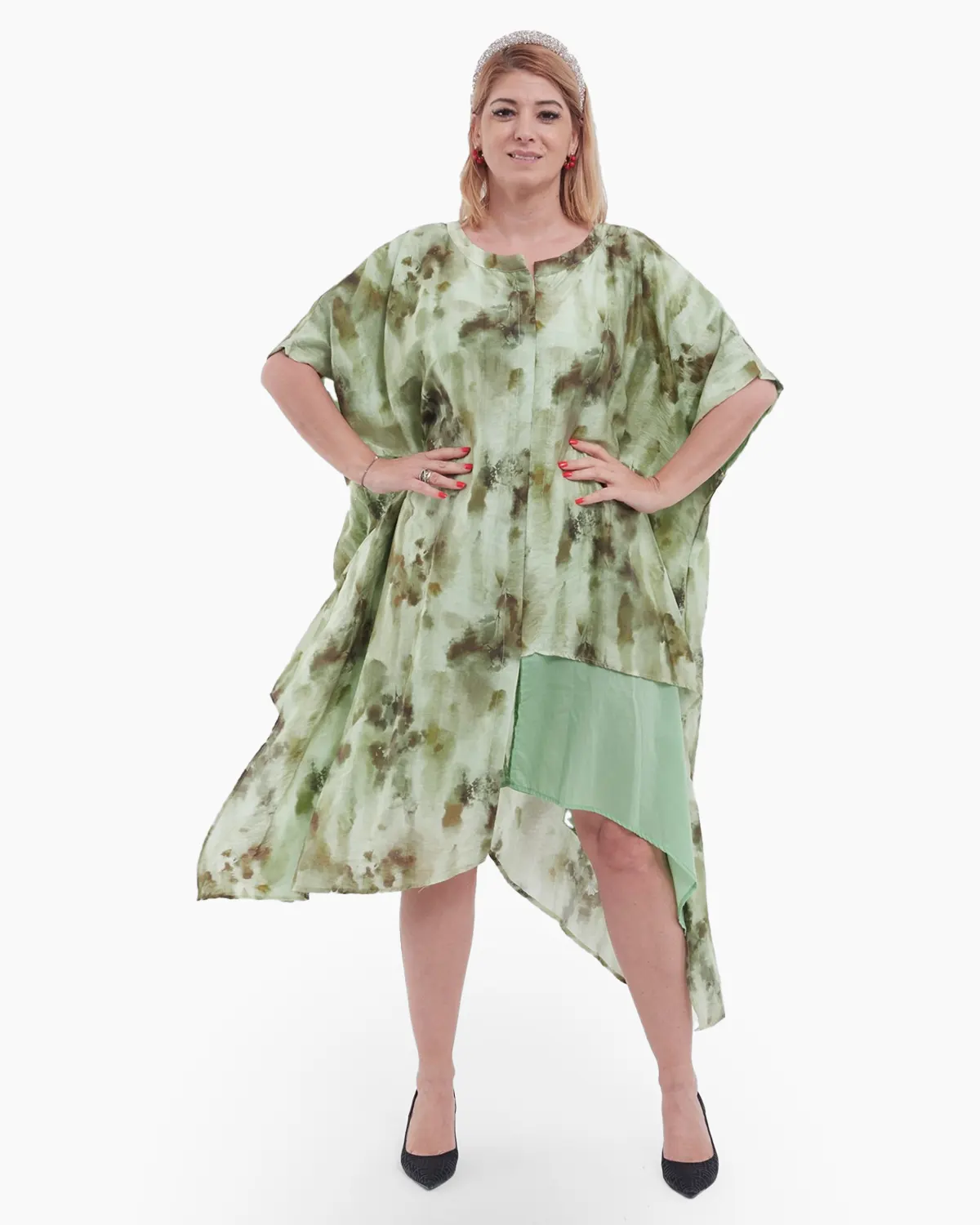 Rochii - Rochie midi vernil din tencel cu imprimeu abstract și maneci trei sferturi