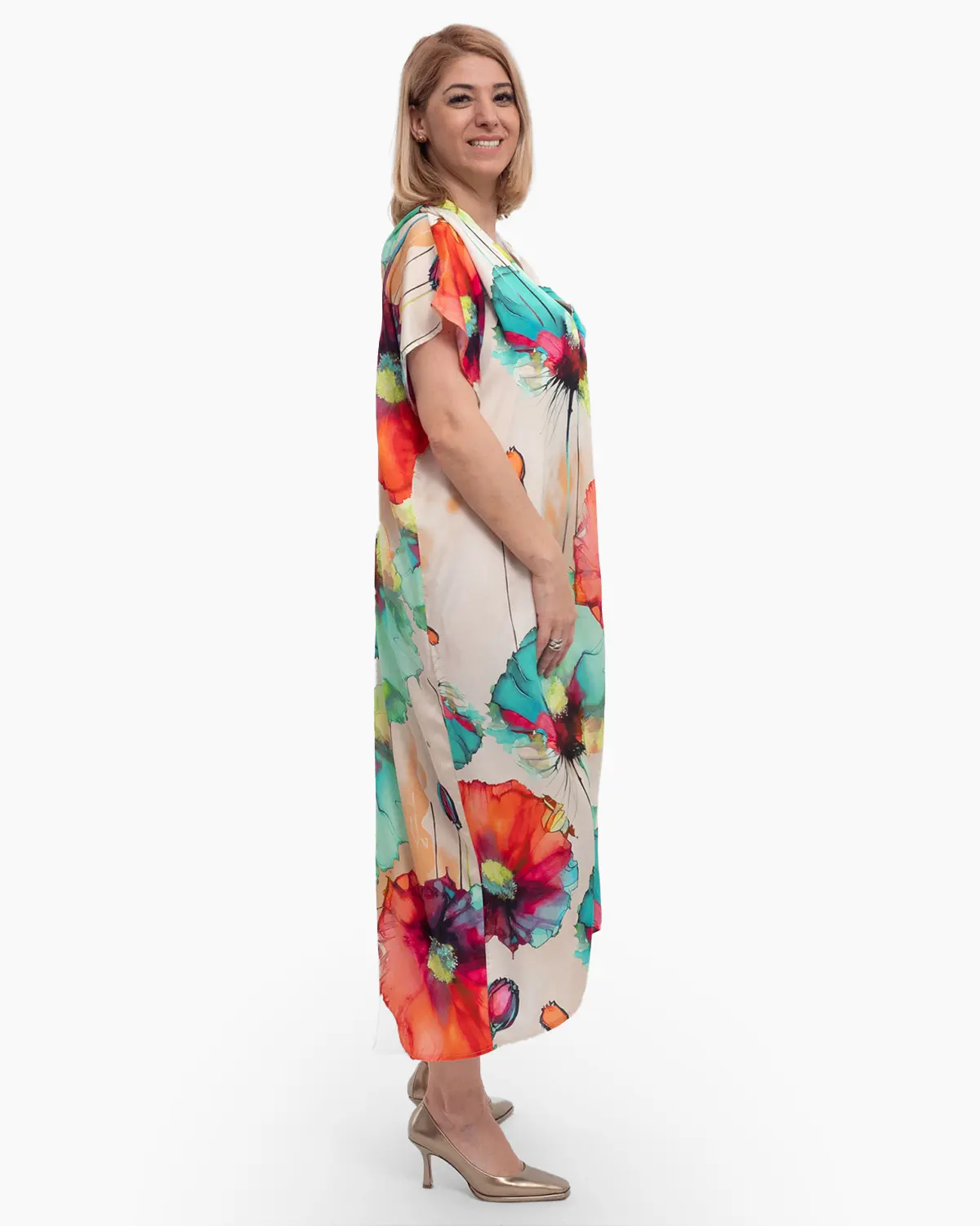 Rochie midi viscoză cu imprimeuri florale turcoaz [2]