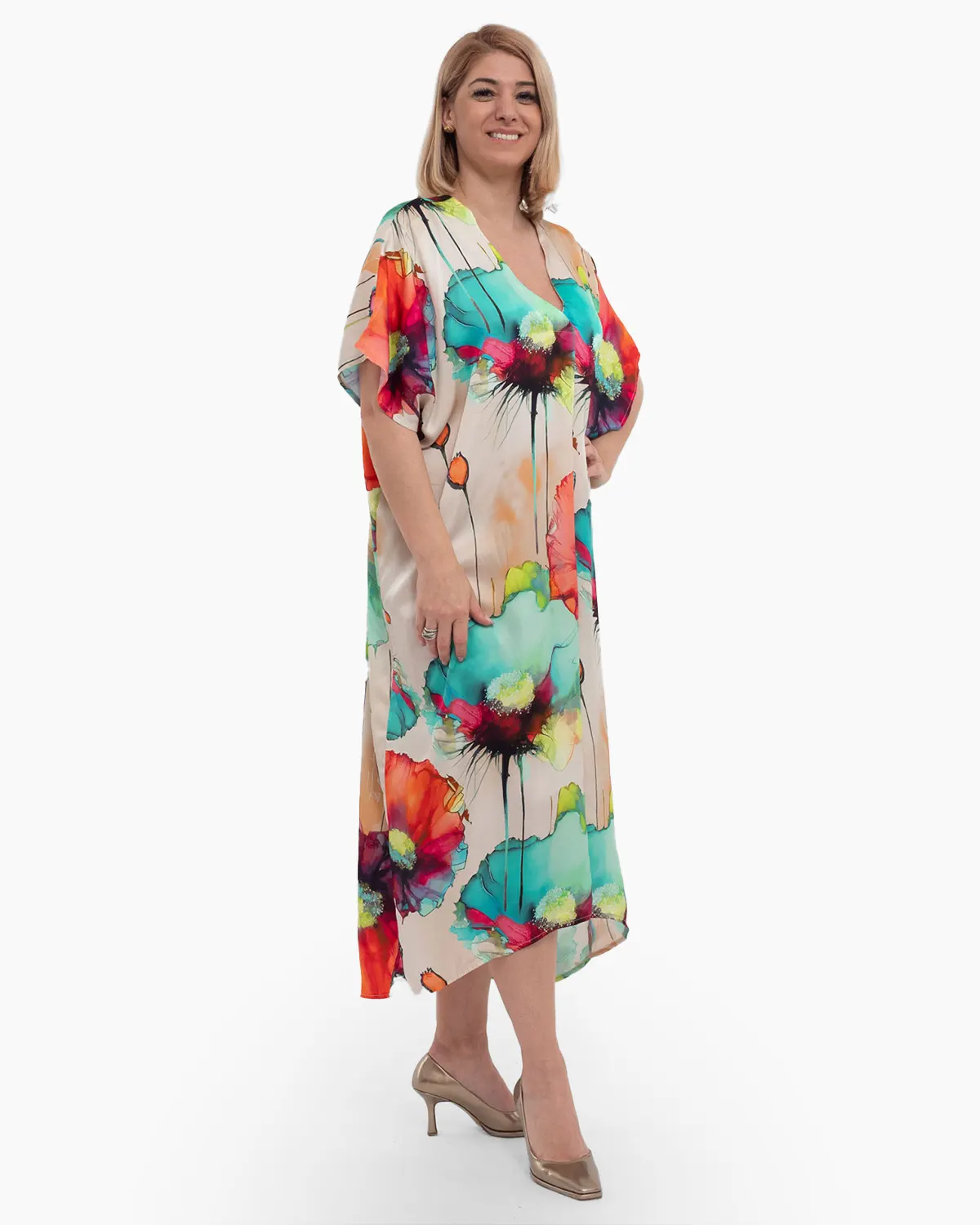 Rochie midi viscoză cu imprimeuri florale turcoaz [3]