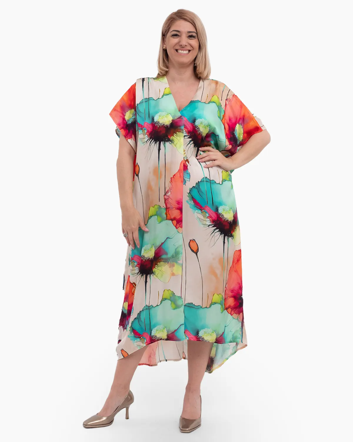 Rochii - Rochie midi viscoză cu imprimeuri florale turcoaz