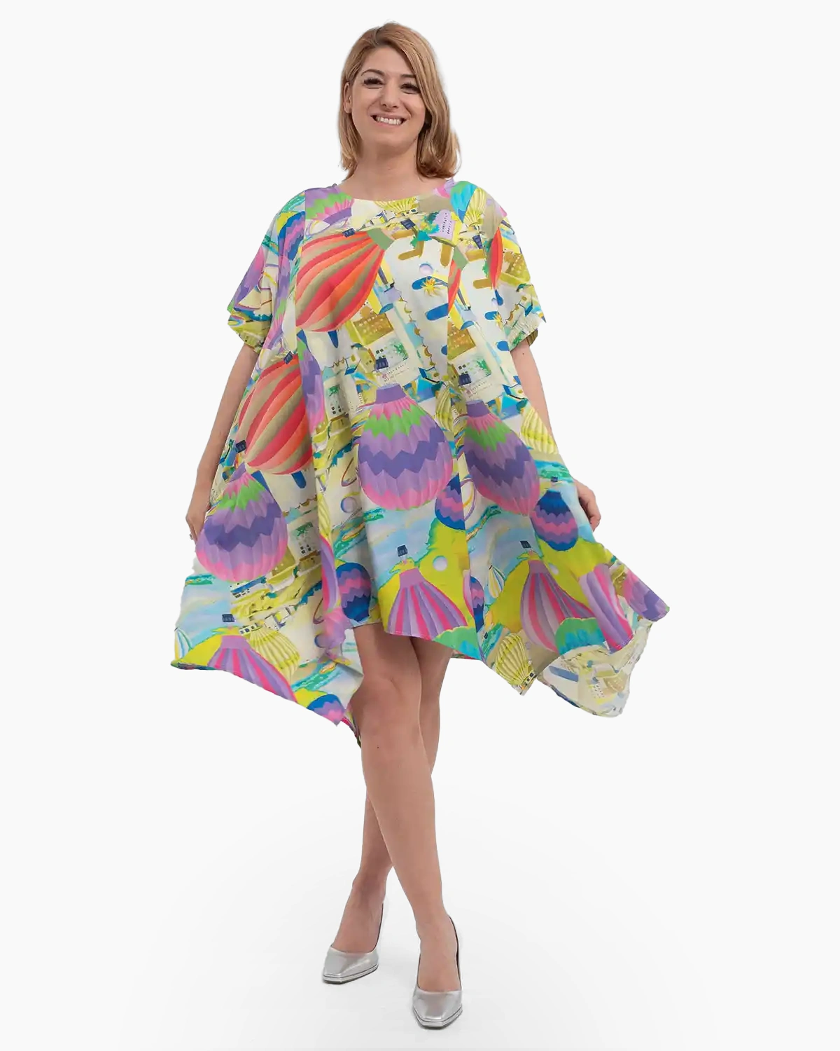 Rochii - Rochie mov asimetrică cu laterale lungi, buzunare și cusături decorative
