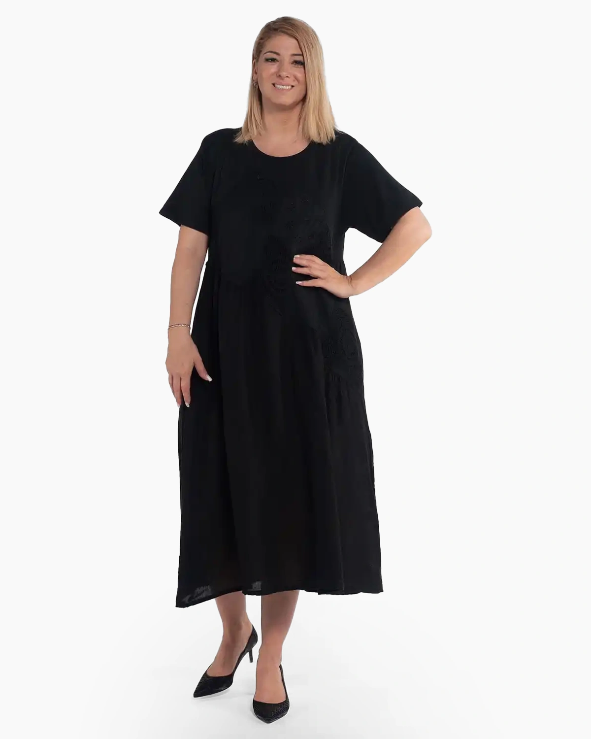 Rochii - Rochie naturală midi din in cu flori macrame