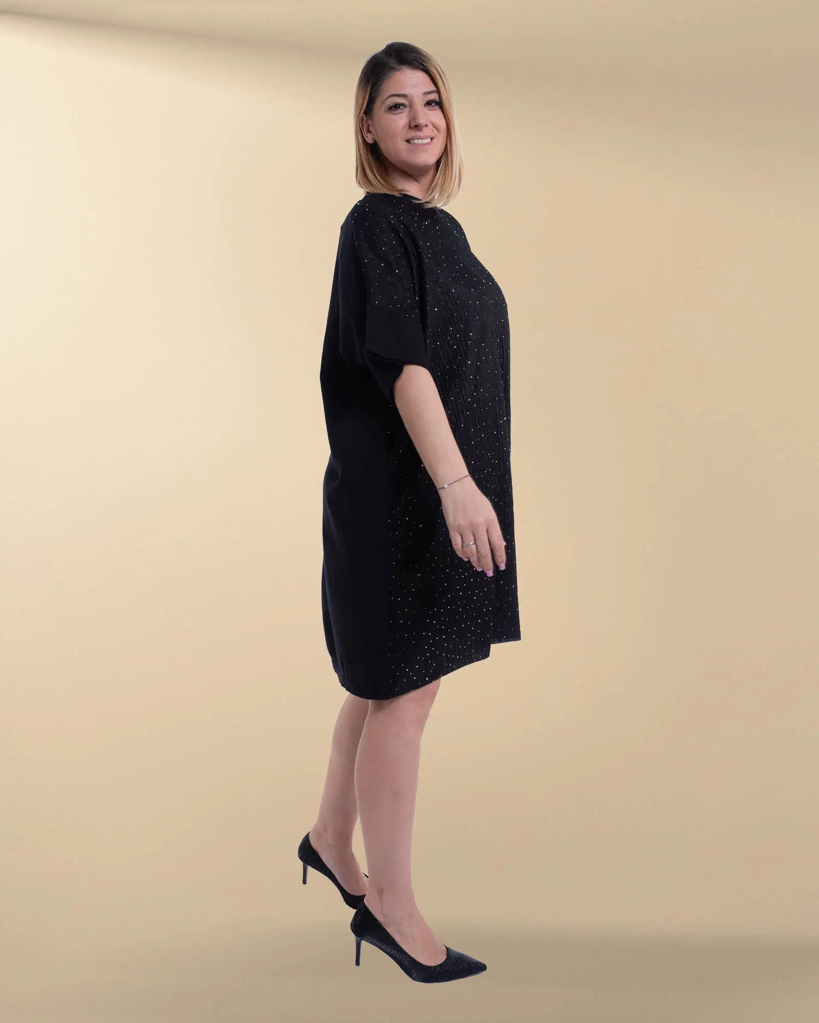 Rochie neagră casual cu strasuri delicate și tricot fin mărime unică [2]