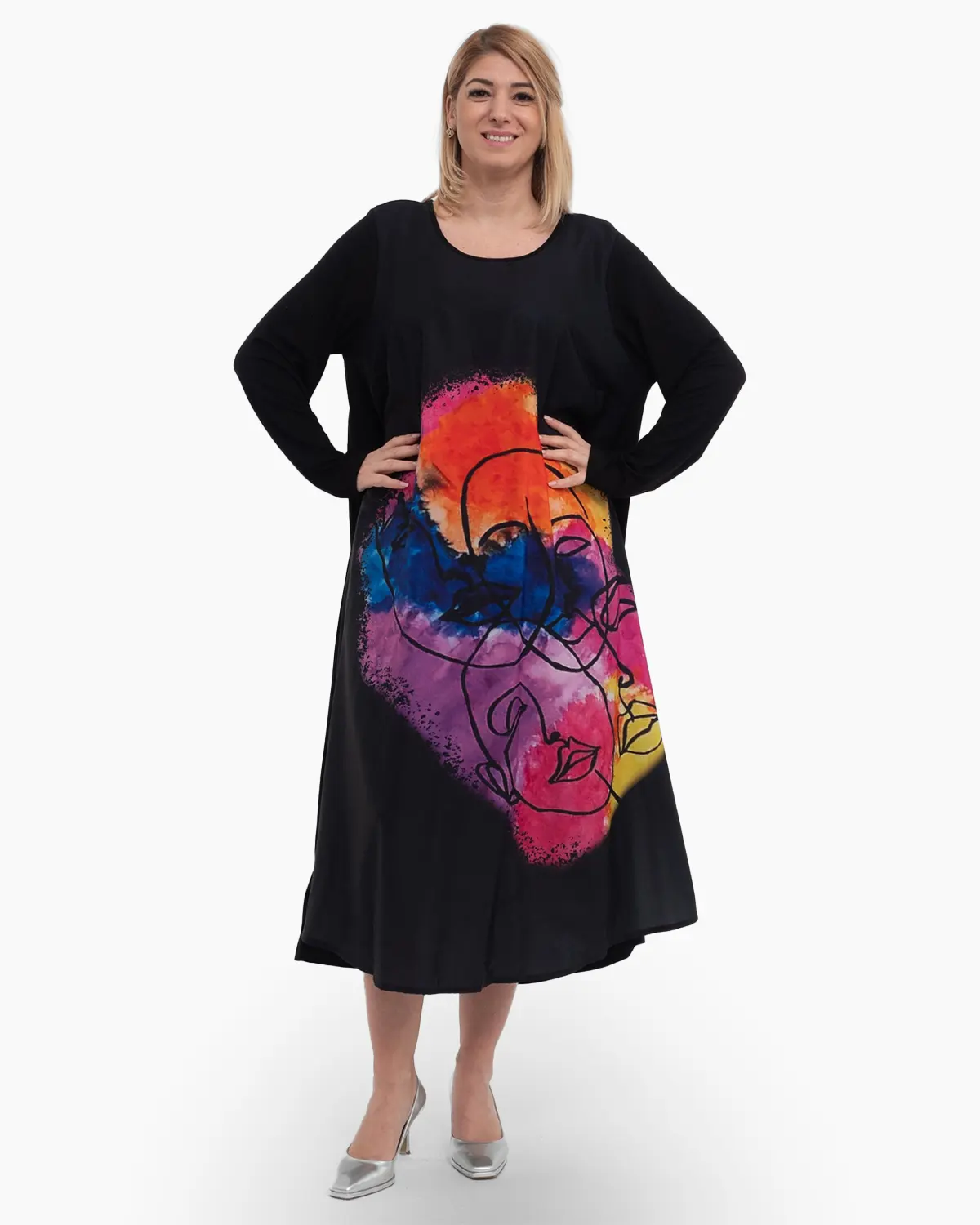 Rochii din Vâscoză - Rochie neagra cu arta colorata si buzunare functionale