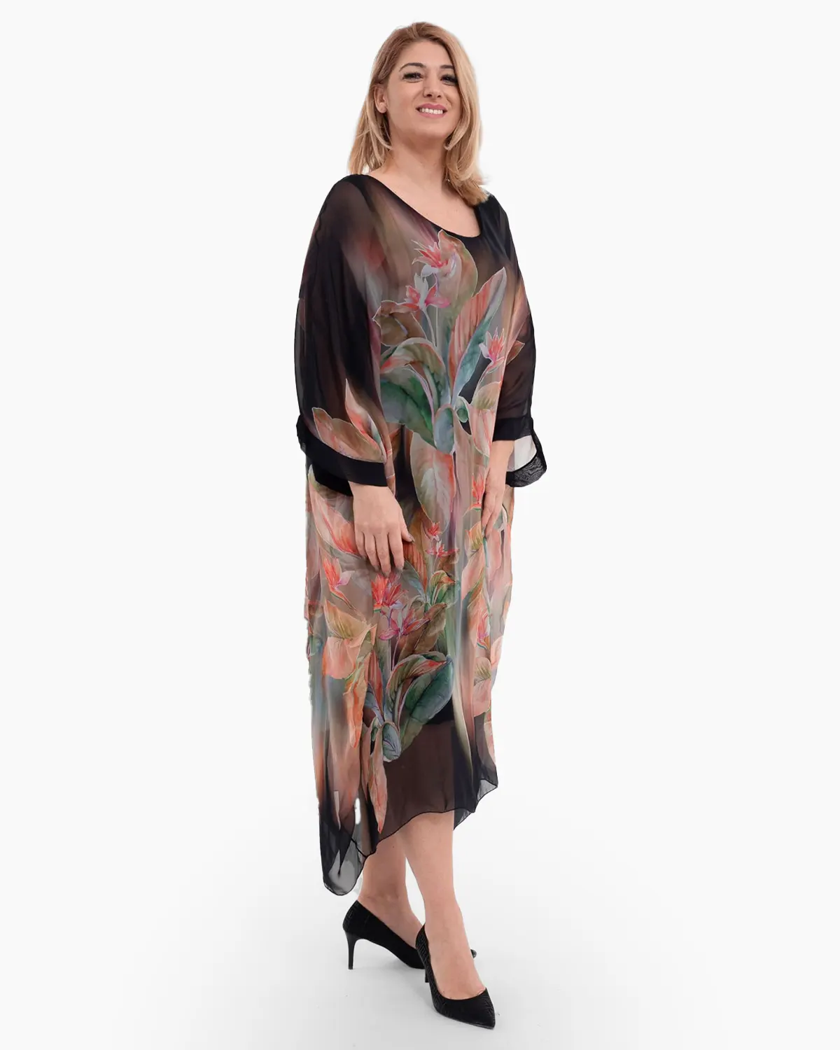 Rochii - Rochie neagra cu matase si imprimeu floral rosu si verde