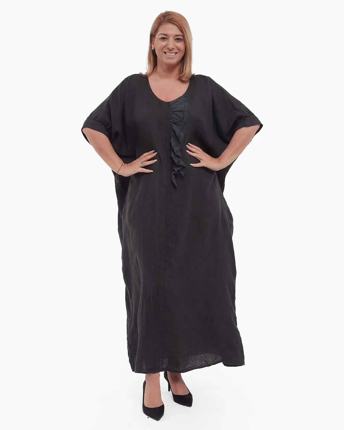 Mărimi mari - Rochie neagră maxi din in stil minimalist lejeră